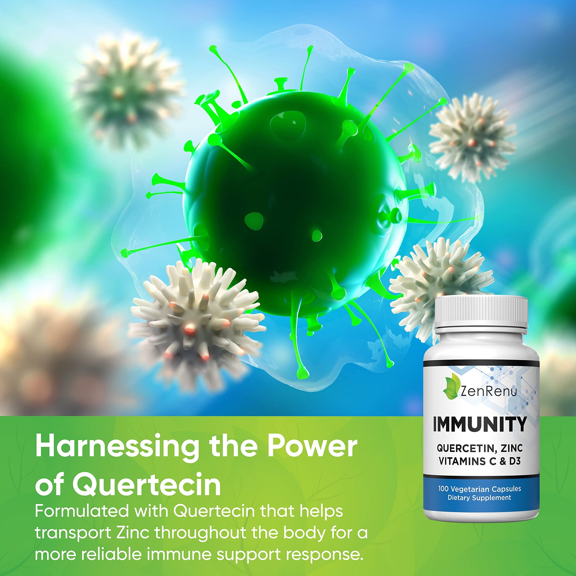 Zenrenu Immunity Quercetin 700 mg Zinc Vitamin C Vitamin D Immune Support Supplement with Curcumin - Easy to Absorb Immunity Supplement, 100 Vegetarian Capsules 50 Day Supply Zenrenu uk supplements