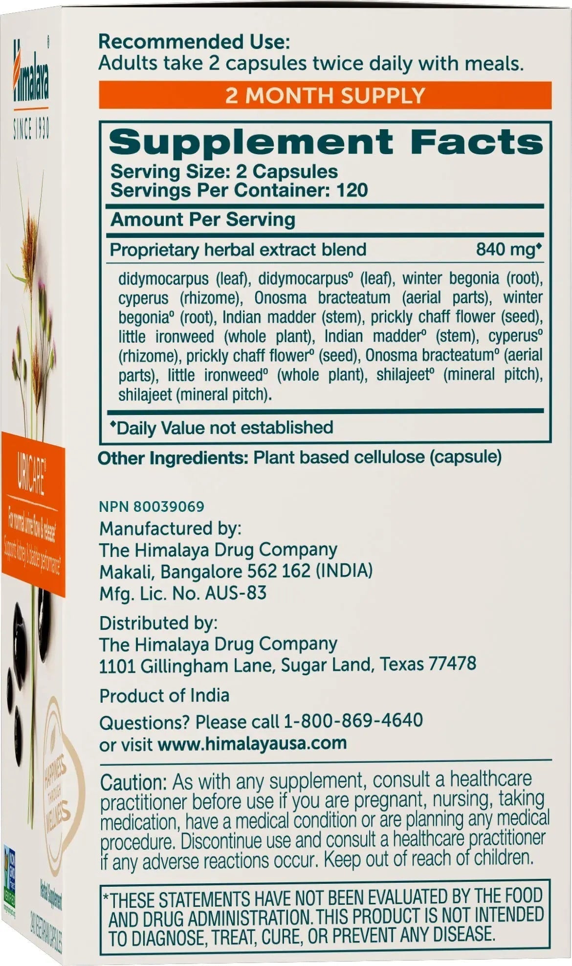 Himalaya UriCare Herbal Supplement, Kidney & Bladder Support, Urinary Tract & Urine Flow Support, Caffeine Free, Non-GMO, Gluten Free, Vegetarian, 240 Capsules, 60 Day Supply Himalaya uk supplements