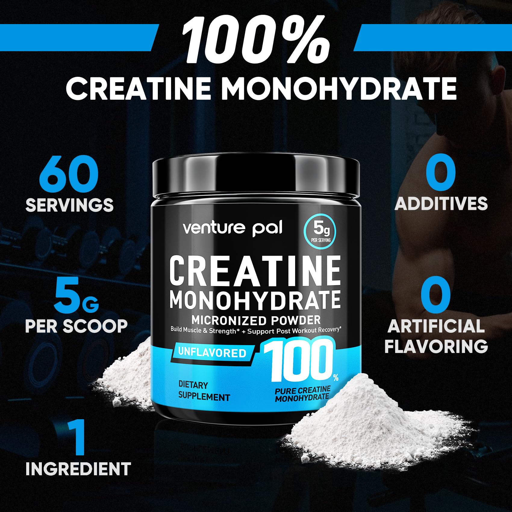 Venture Pal 100% Pure Micronized Creatine Monohydrate Powder, Unflavored Creatine for Women & Men, Vegan, Keto, Gluten Free, 5 g (5000mg) per Serving, Creatina Monohidratada en Polvo Venture Pal uk supplements