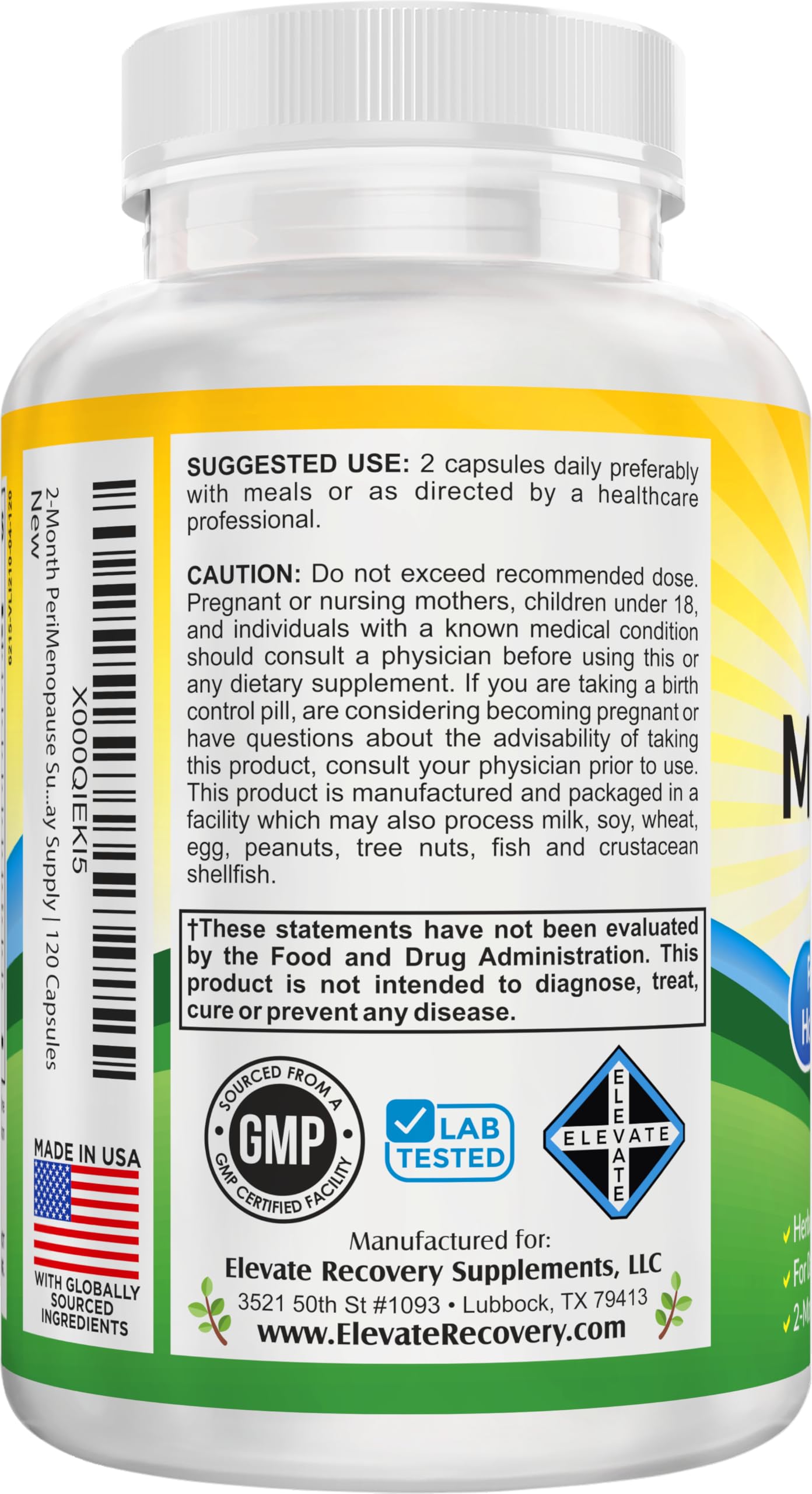 Perimenopause Support (2-Month) Supplement Blend | Women's Health & Hormone Support with 11 Herbs & Extracts | Female Hormonal Balance Supplements | 60-Day Bulk Supply | 120 Capsules Elevate Recovery Supplements uk supplements