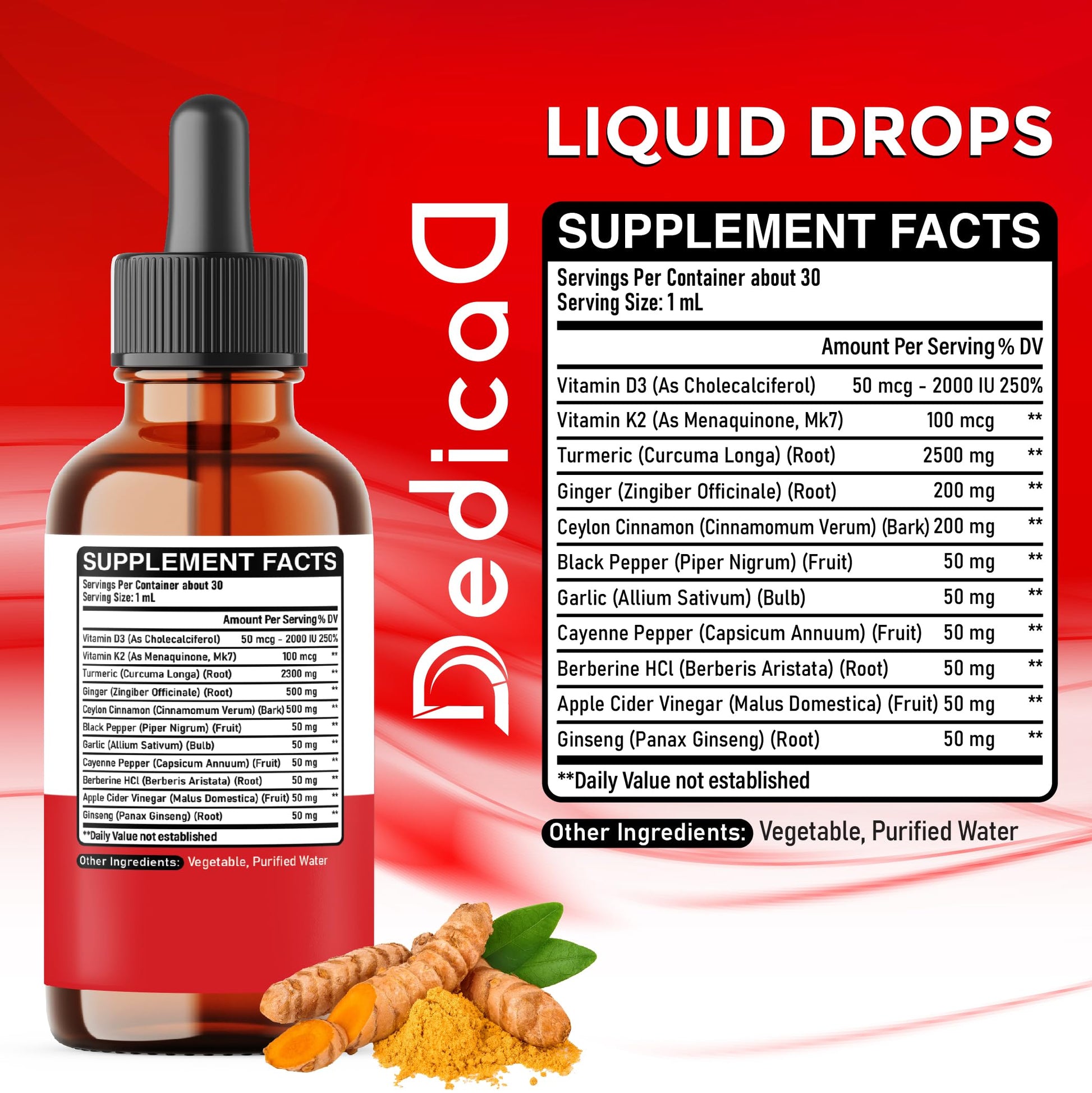 11in1 Liquid Turmeric Supplement – with Ginger, Garlic, Ceylon Cinnamon, Berberine, Ginseng, Apple Cider Vinegar – 1 Fl Oz – 30 Servings DEDICAD uk supplements