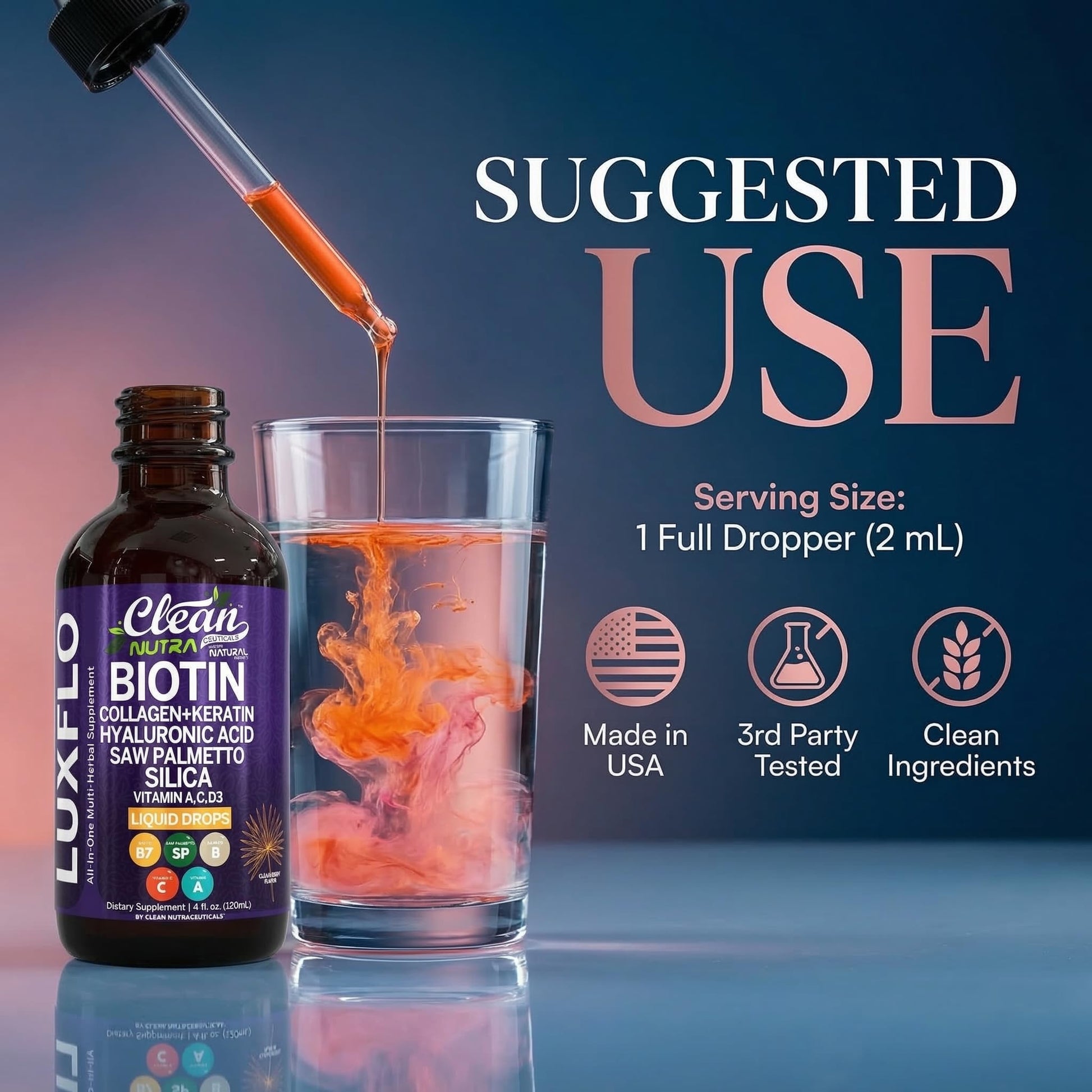 Liquid Biotin & Collagen Keratin Hyaluronic Acid Saw Palmetto Drops Vitamins for Hair Growth Support Silica Vitamin A C D Bamboo Turmeric Zinc Folate Magnesium Horsetail LuxFlo By Clean Nutra Clean Nutraceuticals uk supplements