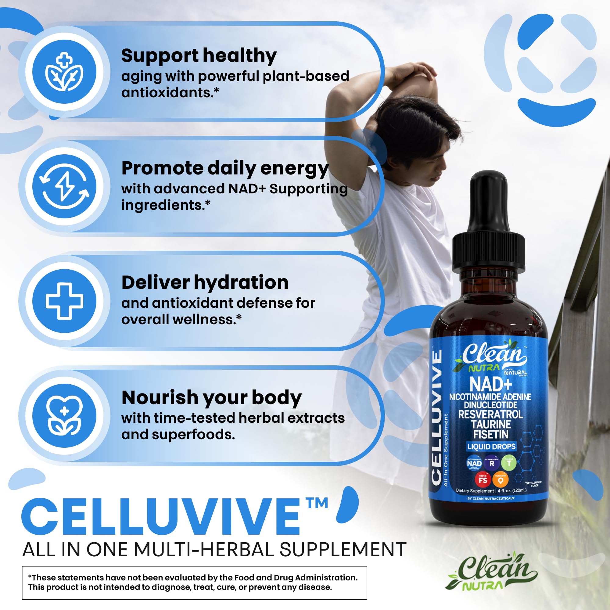 Clean Nutra NAD Liquid Supplement Drops Resveratrol Polyphenols Liposomal Taurine Fisetin Grape Seed Extract Japanese Knotweed Fo Ti Anti Aging NAD+ Nicotinamide Adenine Dinucleotide for Women & Men Clean Nutraceuticals uk supplements