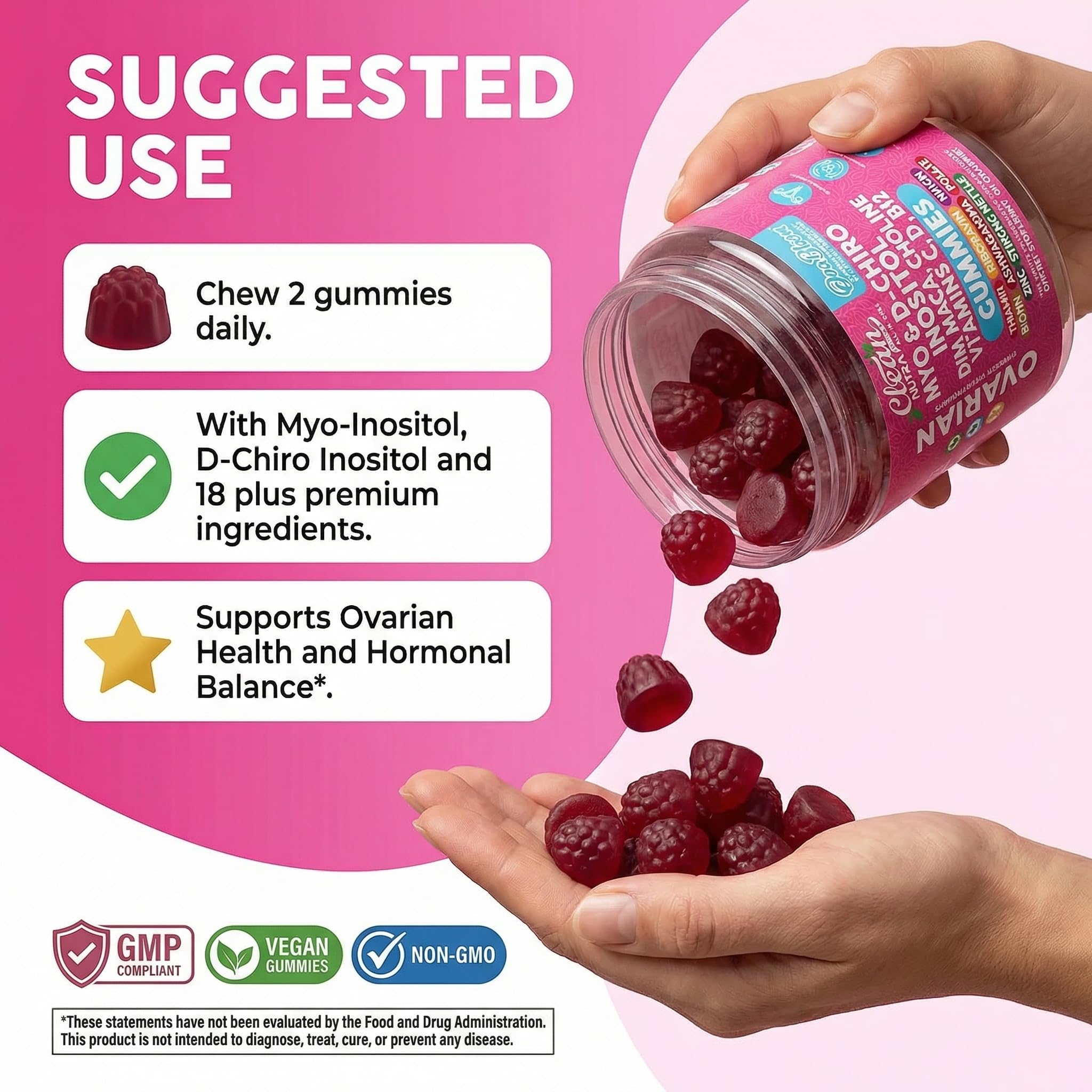 OVA Bloom Ovarian Support Gummies Myo Inositol D-Chiro Inositol Choline Flax Biotin Riboflavin Thiamin Niacin Ashwagandha DIM Maca Root Vitamin C D3 B12 Zinc 60 Count By Clean Nutra Clean Nutraceuticals uk supplements