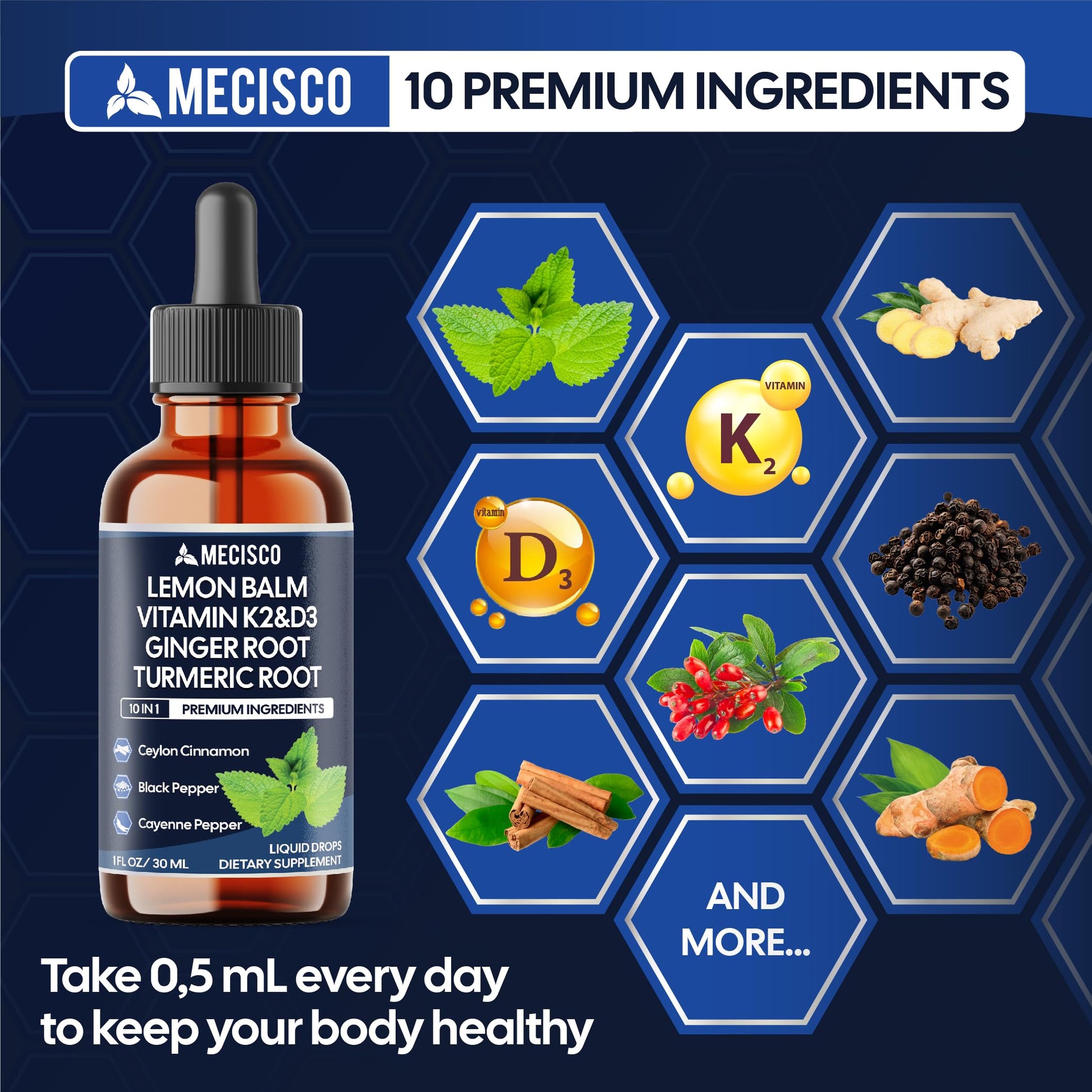 10in1 Lemon Balm Liquid Drops Blend Includes Vitamin D3, Vitamin K2, Lemon Balm, Ginger, Turmeric, Ceylon Cinnamon, Black Pepper, Cayenne Pepper, Berberine, Valerian Root - 1 FL Oz - 2 Month Supply Mecisco uk supplements