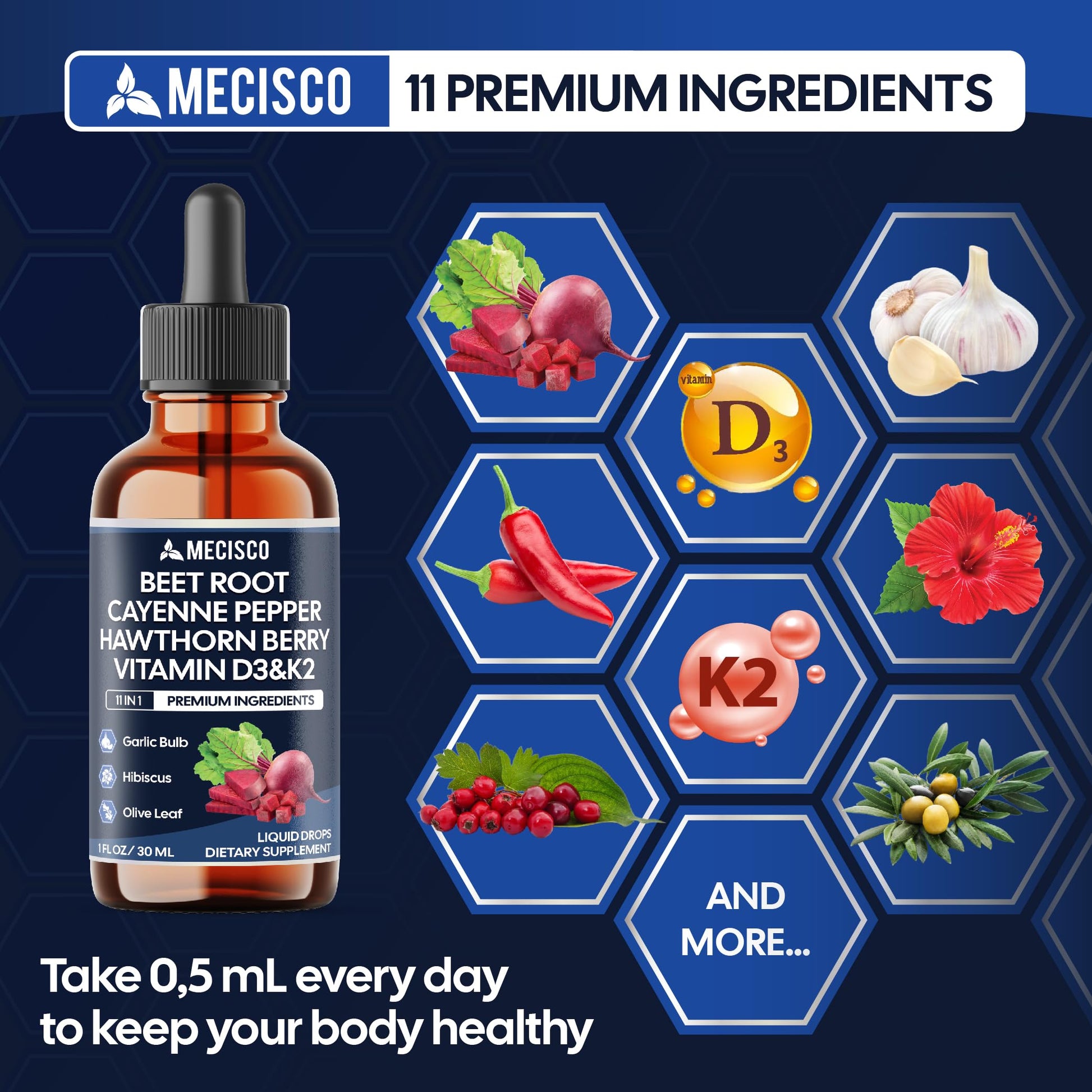 11in1 Beet Root Liquid Drops - Support Overall Wellness - with Vitamin D3, Vitamin K2, Hawthorn Berry, Cayenne Pepper, Garlic, Hibiscus, Olive, Red Spinach, Green Tea - 1 FL Oz - 60 Day Supply Mecisco uk supplements