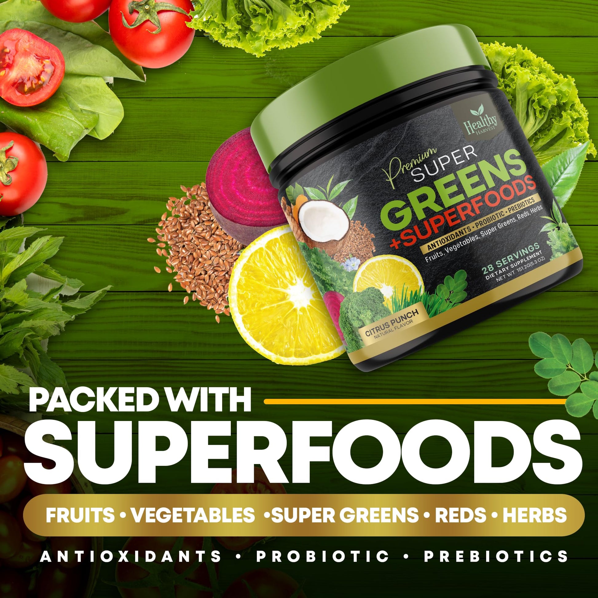 Greens Powder Superfood Supplement - Super Green Reds Smoothie Mix Blend with Spirulina Healthy Harvest Nutrition uk supplements