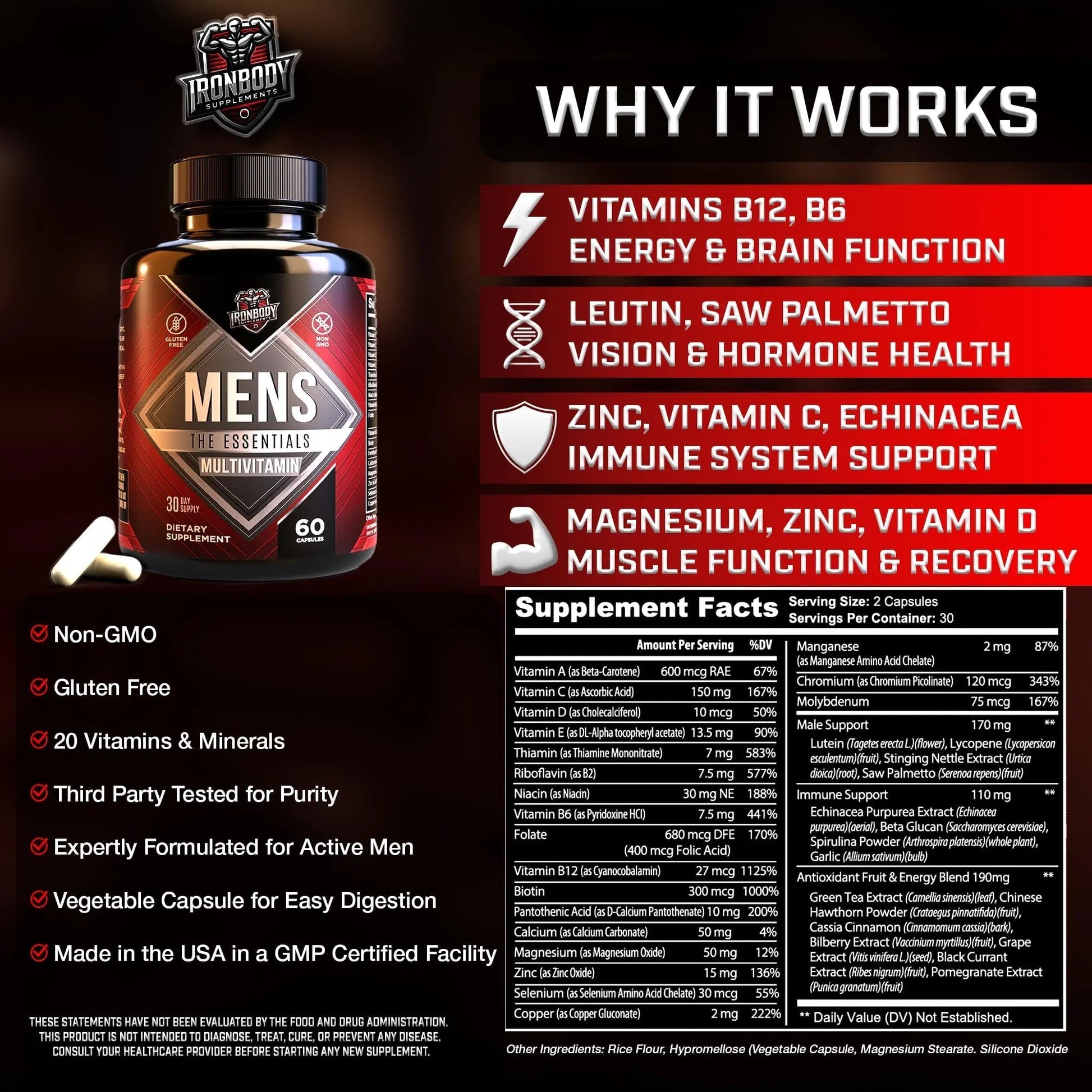 IronBody Supplements, Multivitamin for Men, Vitamins A, B, C, D, E, Zinc. Immune Support, Antioxidant Fruit and Energy Blend. 60 Capsules IronBody Supplements uk supplements