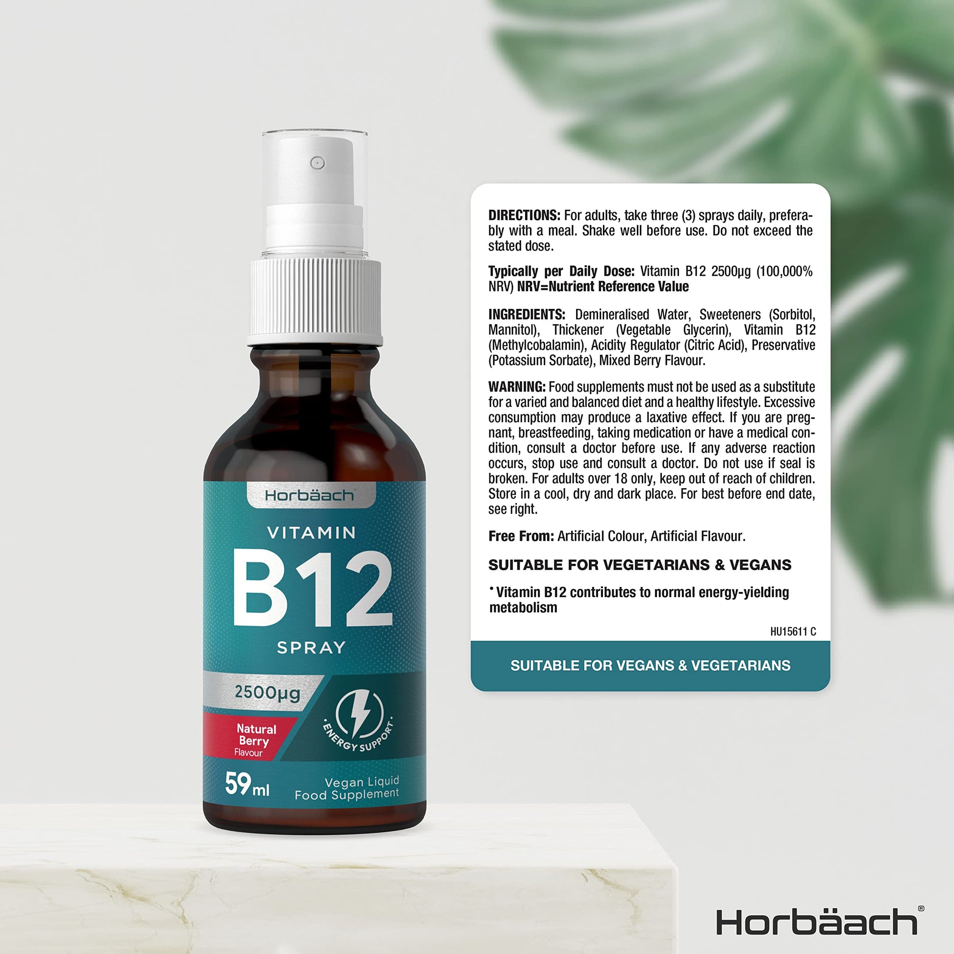 Vitamin B12 Spray 2500mcg | 59ml | High Strength Supplement | Natural Berry Flavour Horbäach uk supplements