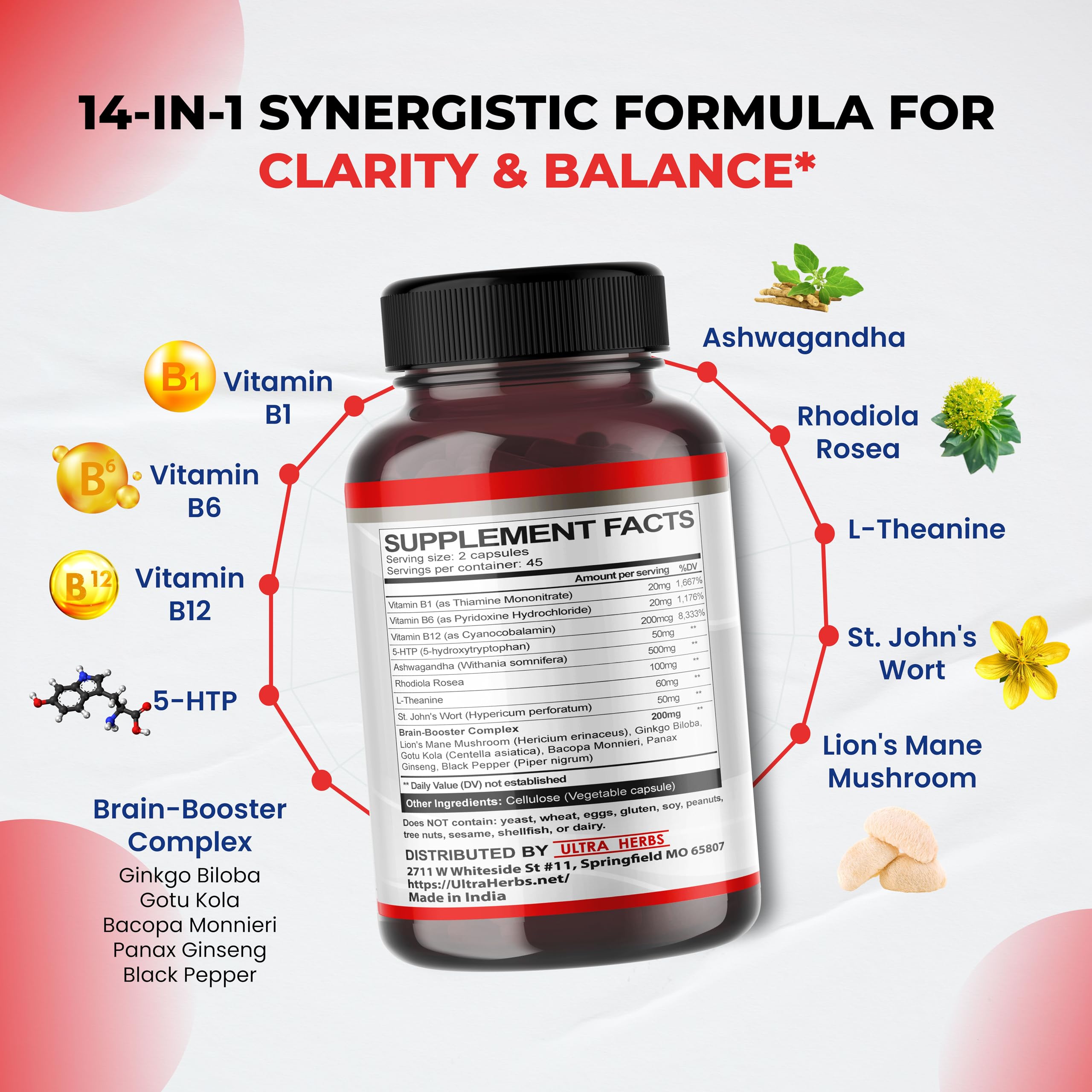 Dopamine Focus Supplement Ashwagandha 5-HTP Rhodiola Rosea St. John's Wort - Increase Memory Clarity Focus Restore Relax with VIT B1, B6, B12, L-Theanine ULTRA HERBS uk supplements