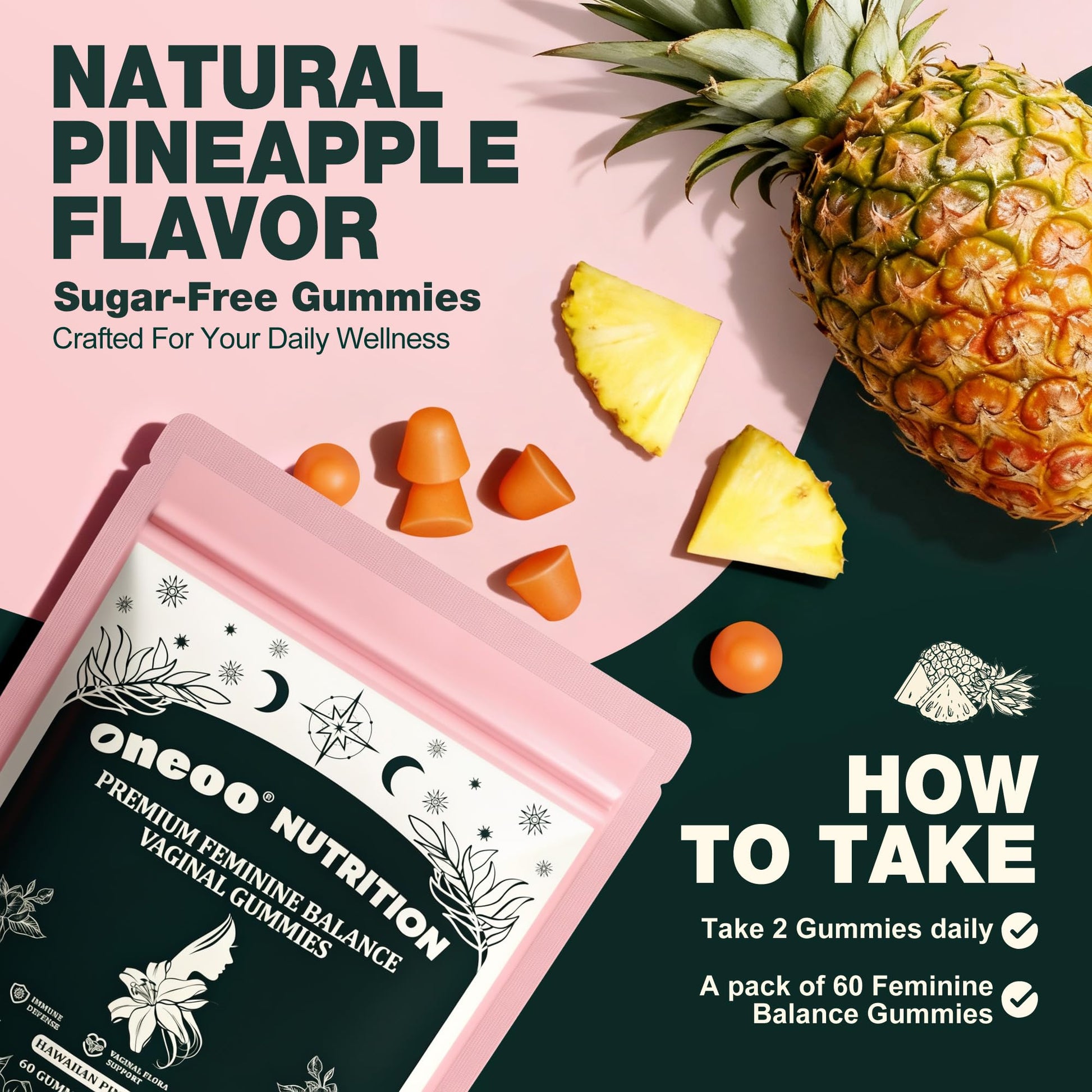 Oneoo Feminine Balance Gummies - Premium Balance Gummies for Women's pH Health, Feminine Gummy for Immune & Energy Support, Vegan, Gluten-Free, Hawaiian Pineapple, 60 Count Oneoo uk supplements