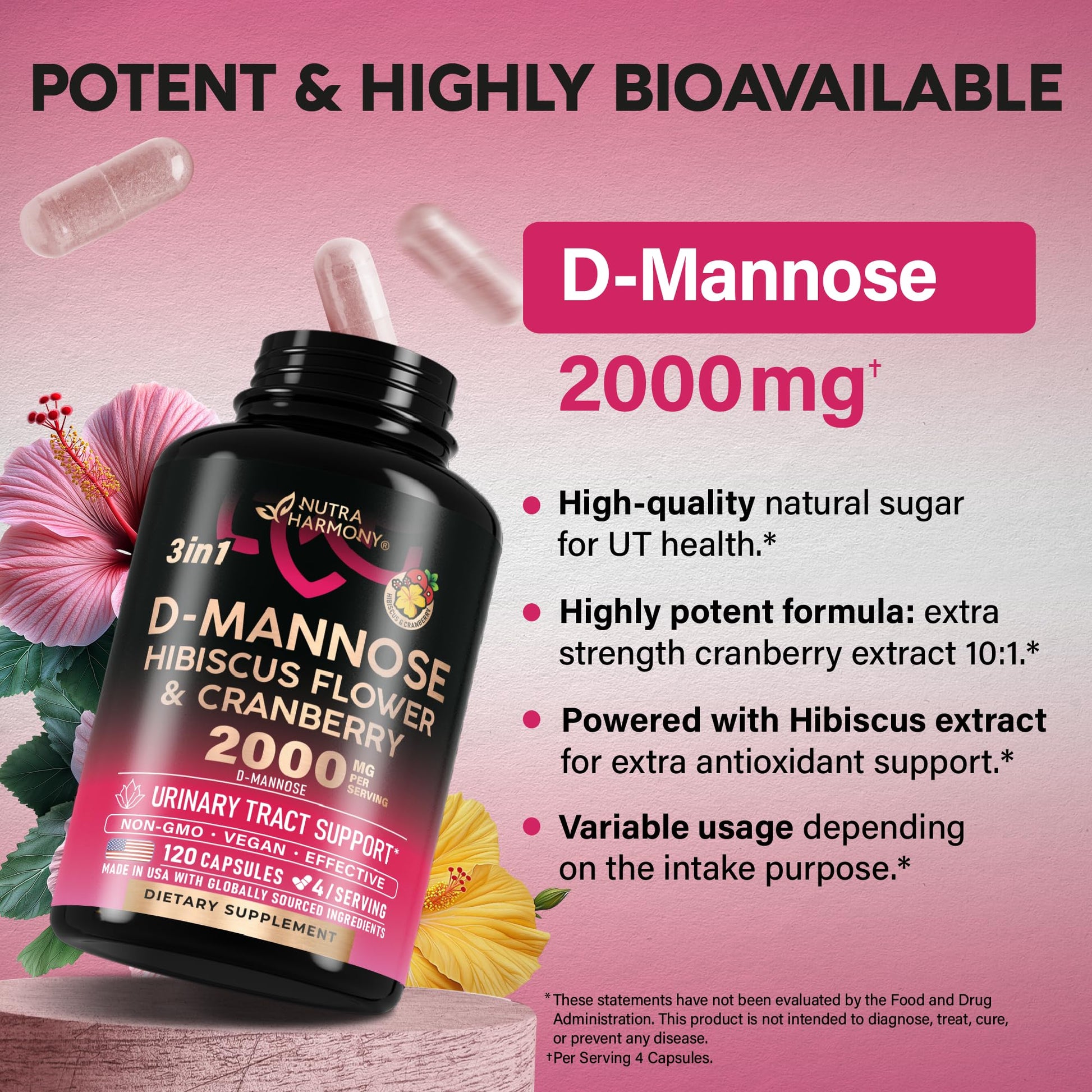D-Mannose 2000mg with Cranberry & Hibiscus - Clinically Tested Strength for Urinary Tract Health - Supplement for Women - Bladder, Liver & Microflora Support - Made in USA - Vegan, 120 Capsules NUTRAHARMONY uk supplements