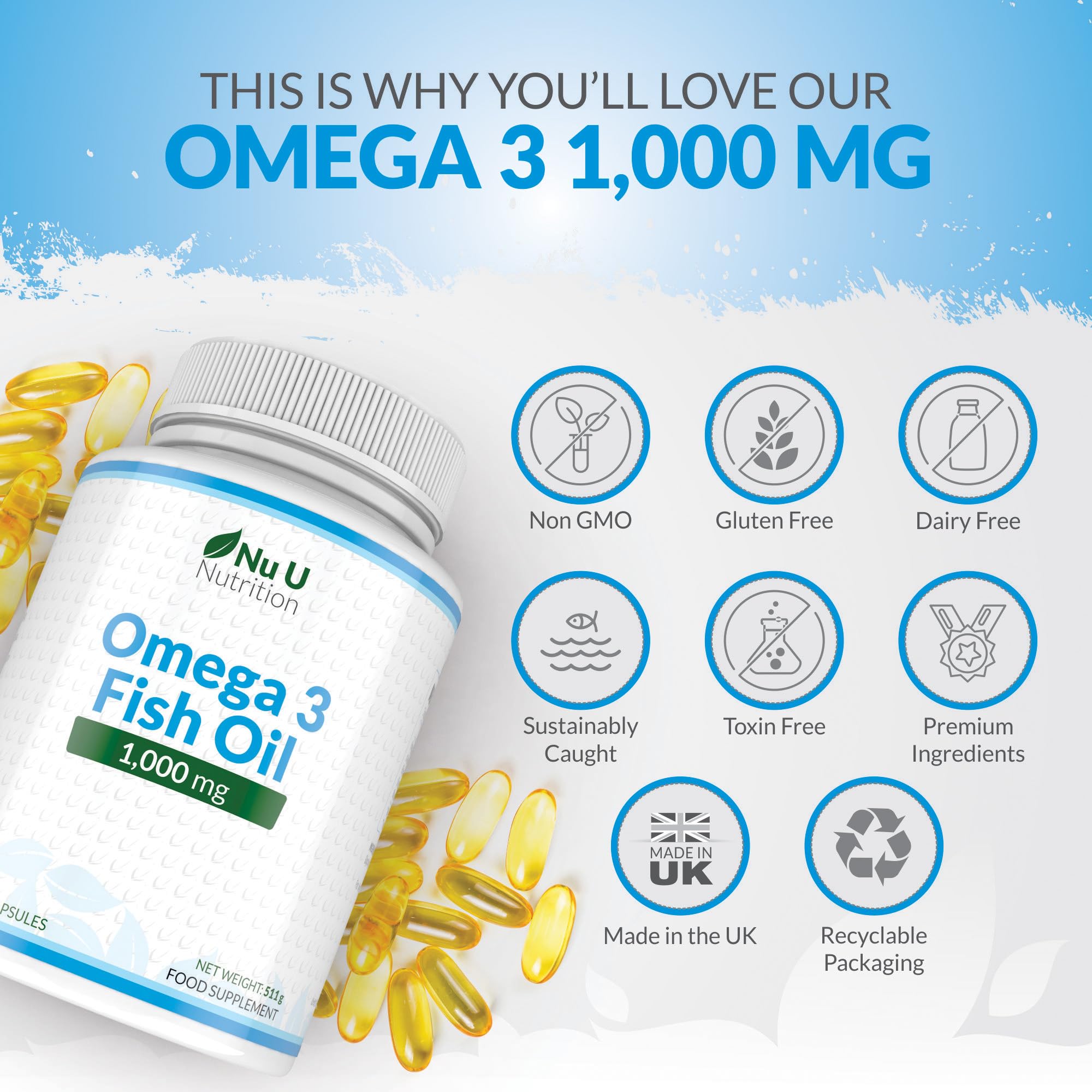 Omega 3 Fish Oil 1000mg - 365 Softgel Capsules - Up to 12 Month’s Supply - Pure Fish Oil Nu U Nutrition uk supplements