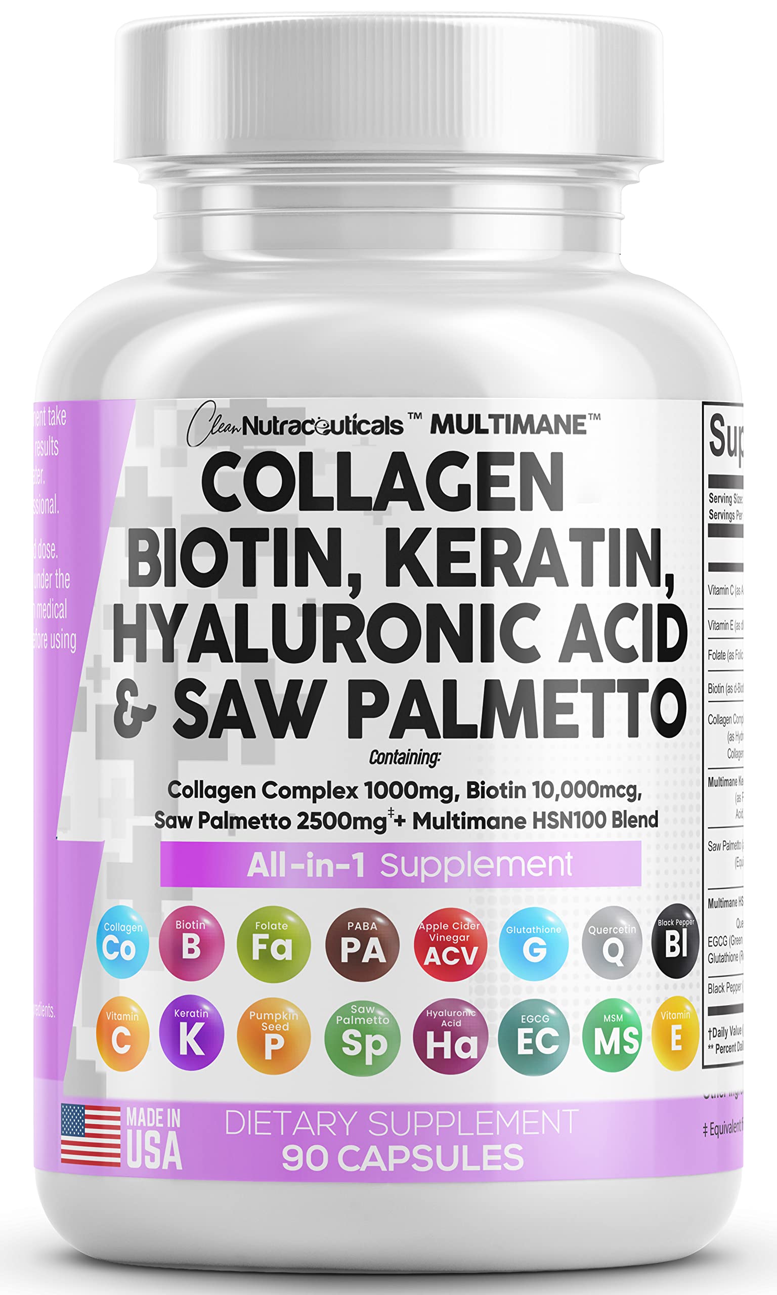 Collagen Pills 1000mg Biotin 10000mcg Keratin Saw Palmetto 2500mg 90 Ct Clean Nutraceuticals uk supplements