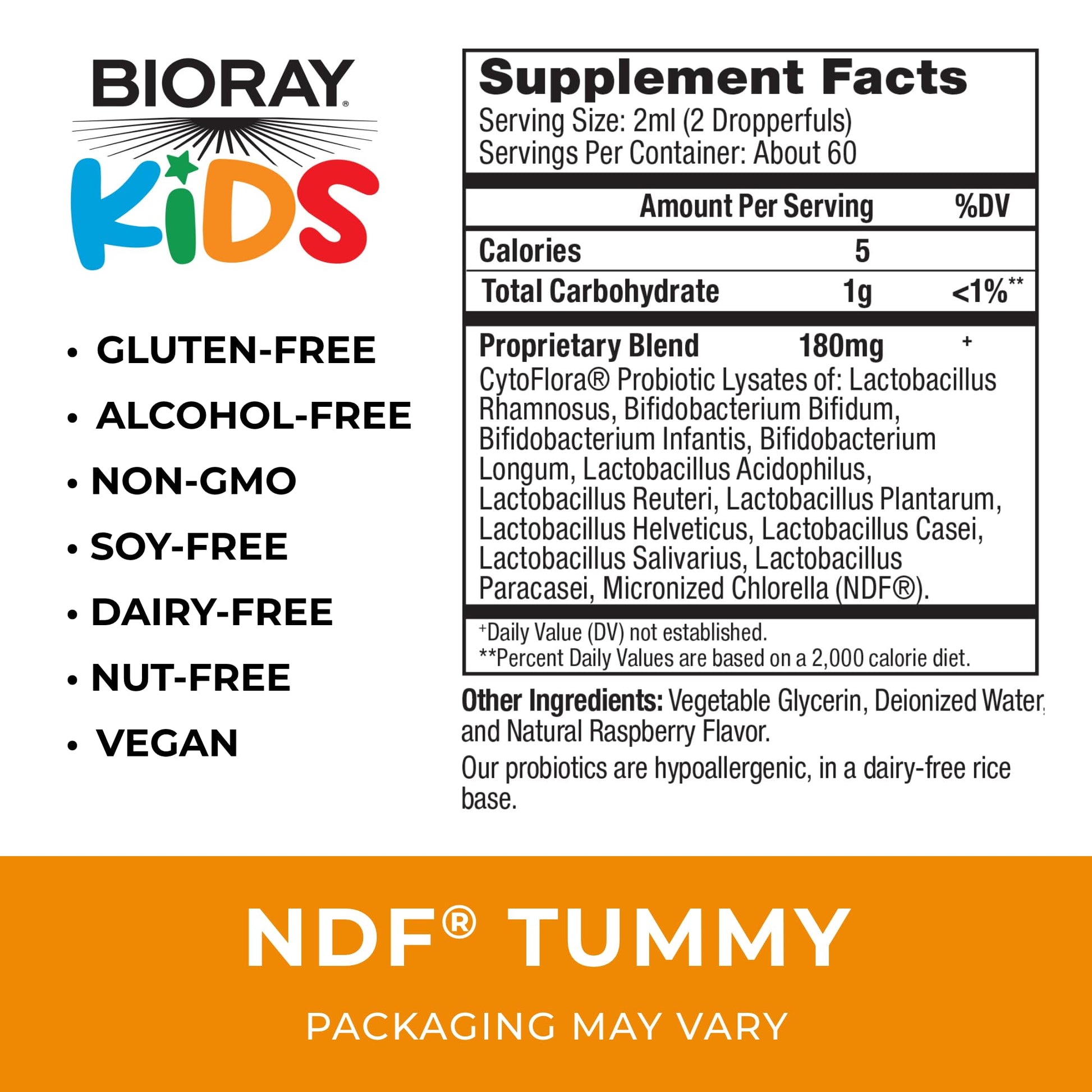 BIORAY Kids NDF Tummy, Raspberry - 4 fl oz (120 mL) - 11-Strain Probiotic Blend - Supports the Immune Response in the GI Tract - Non-GMO, Vegan, Gluten Free - Approx. 120 Servings BIORAY uk supplements