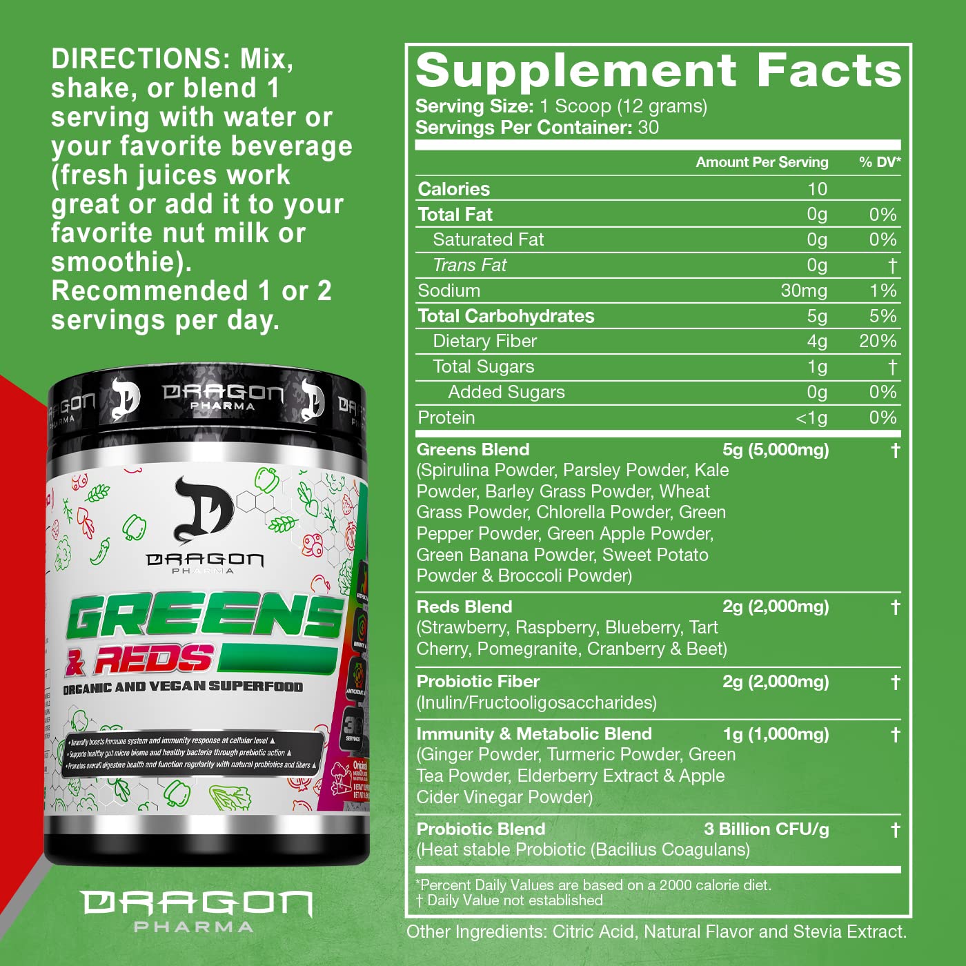 DRAGON PHARMA Greens and Reds, Over 23 Nutritious Superfoods, Reds and Vegetables, Optimal Health and Wellness (30 Servings, Original) DRAGON PHARMA uk supplements