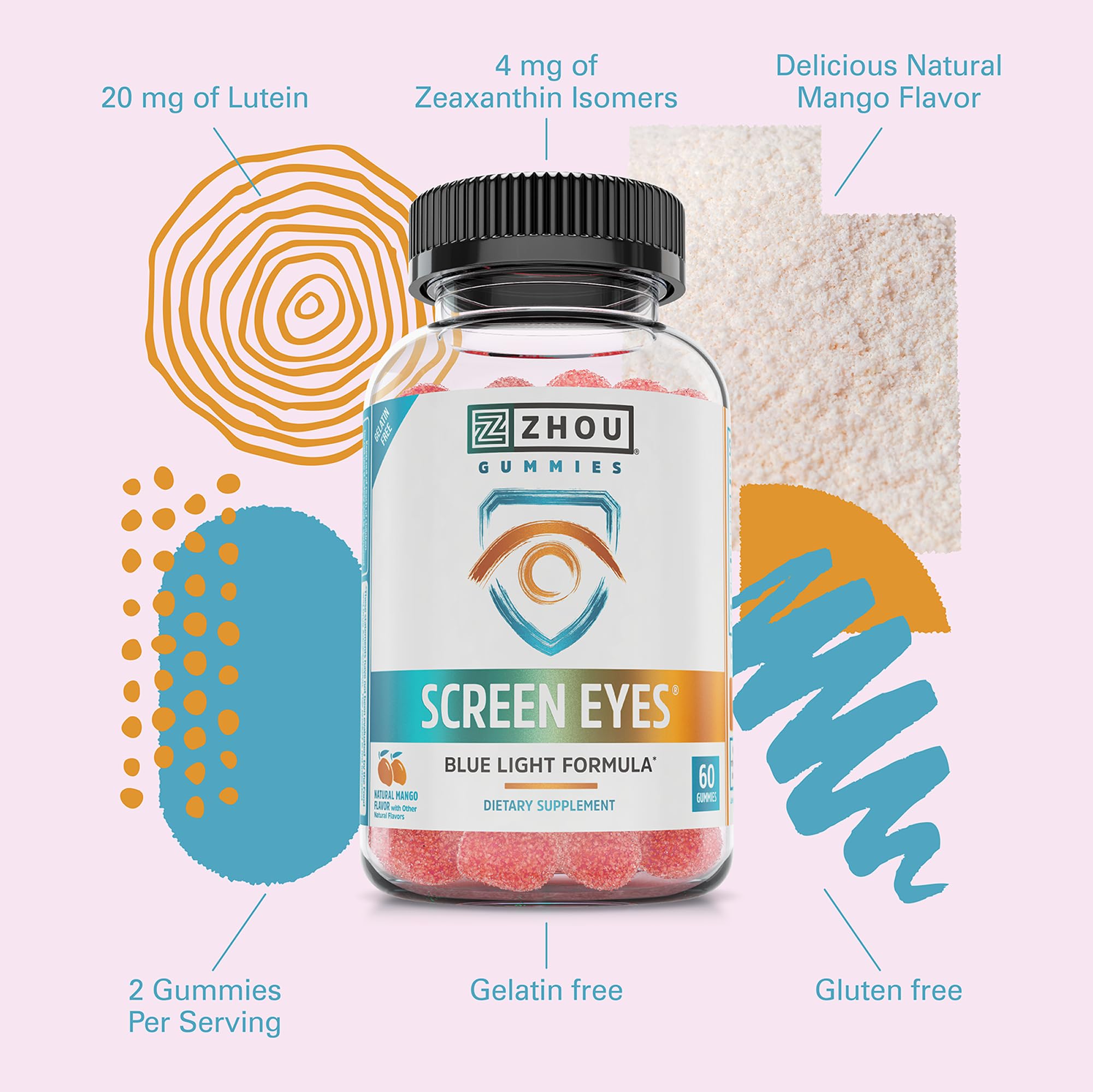 Zhou Screen Eyes Gummies - Lutein Gummies for Eye Health, Lutein and Zeaxanthin for Adults & Kids, Supports Eyesight, Blue Light Vision Health Formula - 60 Count ZHOU uk supplements