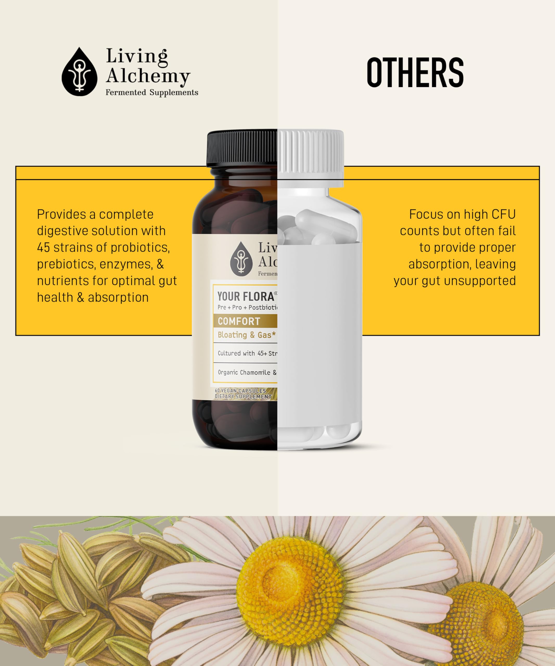 Your Flora Probiotic Comfort – Non-GMO Probiotics with Fermented Soybean, Chamomile, Fennel, Prebiotics, Digestive Enzymes for Digestion & Bloating – Prebiotics, Postbiotics – Living Alchemy, 60 Pcs Living Alchemy uk supplements