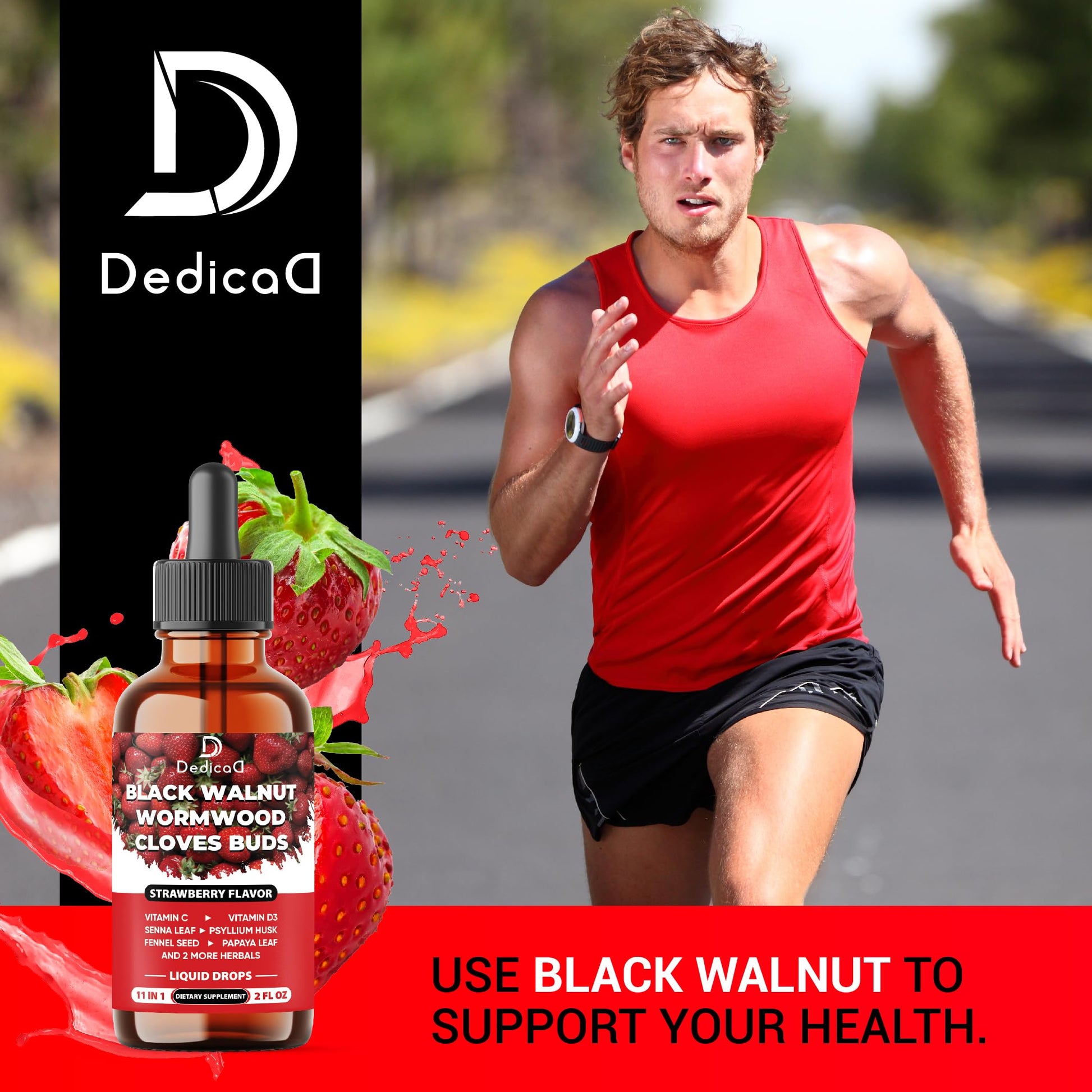 DEDICAD 11in1 Black Walnut Wormwood Cloves Liquid Drops with Cloves Buds, Senna Leaf, Psyllium Husk, Fennel Seed, Papaya Leaf and More - 2 oz Fl - 60 Days - Strawberry Flavor DEDICAD uk supplements