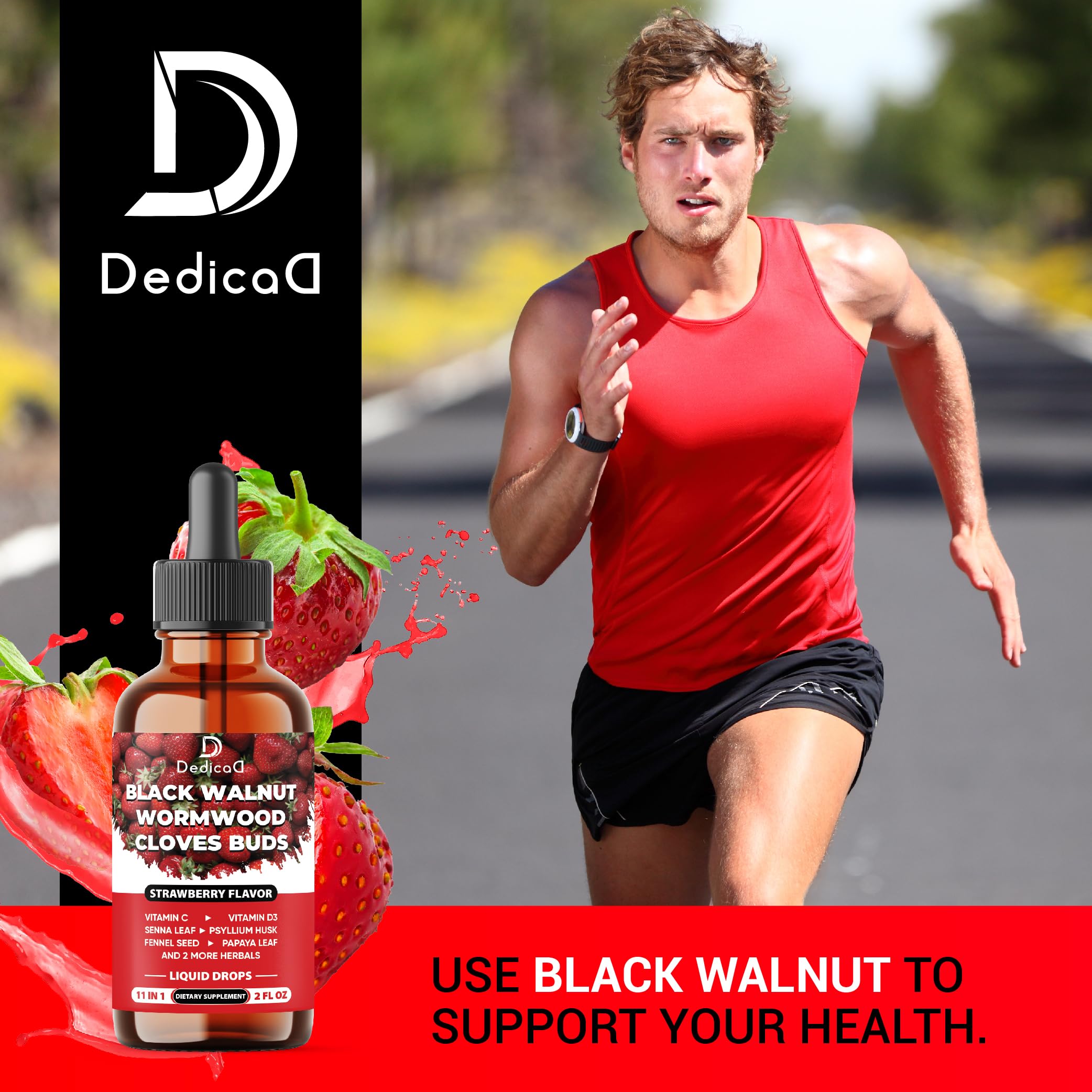 DEDICAD 11in1 Black Walnut Wormwood Cloves Liquid Drops with Cloves Buds, Senna Leaf, Psyllium Husk, Fennel Seed, Papaya Leaf and More - 2 oz Fl - 60 Days - Strawberry Flavor DEDICAD uk supplements