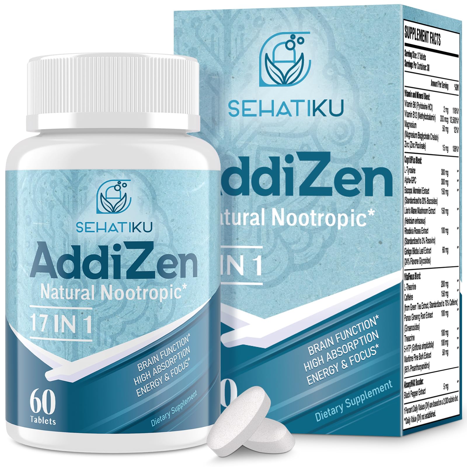 17-in-1 Brain Supplement for Memory and Focus | Natural Nootropics Brain Supplement for Brain Cognition, Energy | High Absorption | L-Theanine, Phytonutrient Blend and Vitamins B6, B12 | 60 Tablets SehatiKu uk supplements