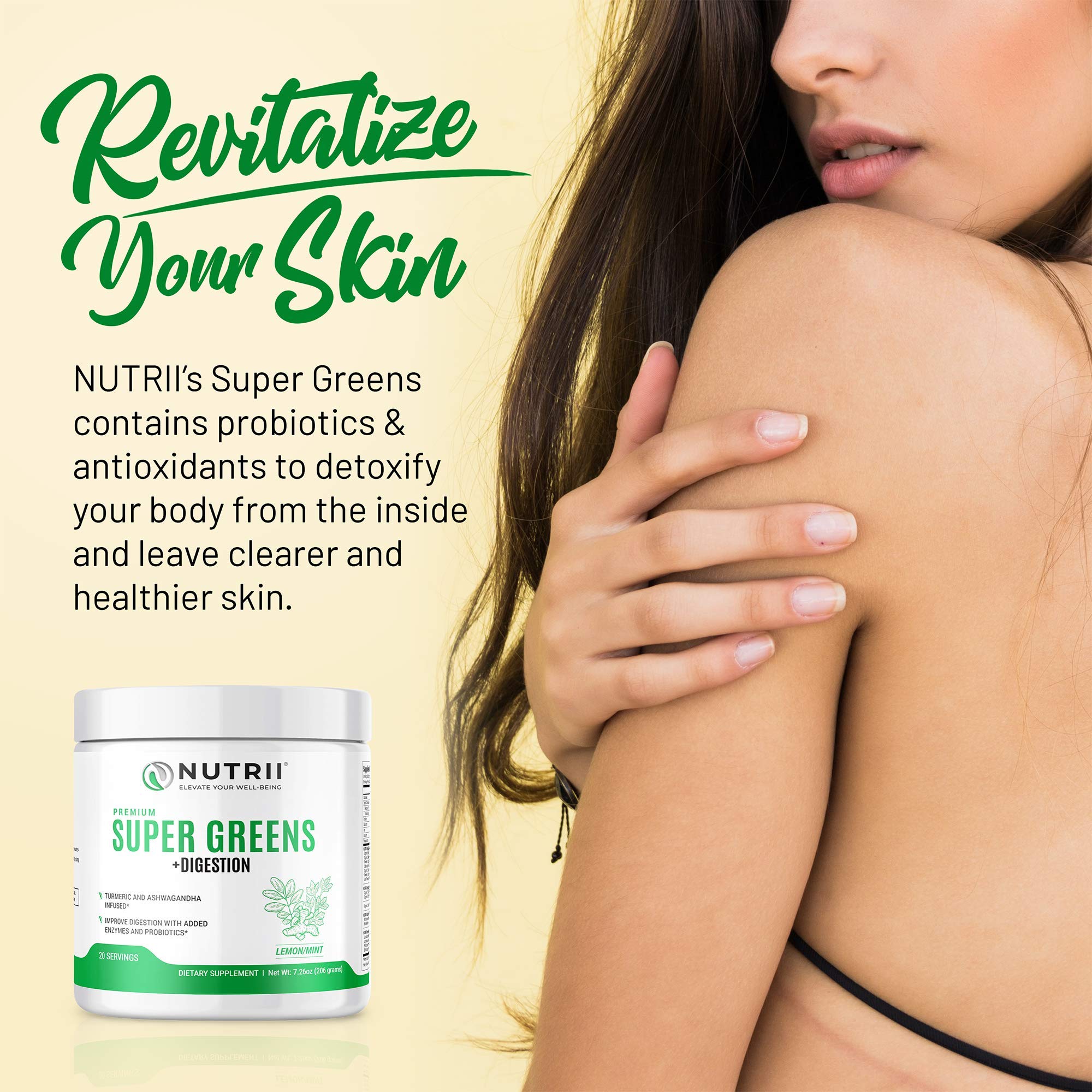 Nutrii Organic Green Immunity Superfood Powder - Soothes Digestion, Boosts Healthy Vitality and Energy. Fast Acting Formula with Probiotics, Enzymes, Turmeric and Ashwagandha (30 Servings Lemon-Mint) Nutrii uk supplements