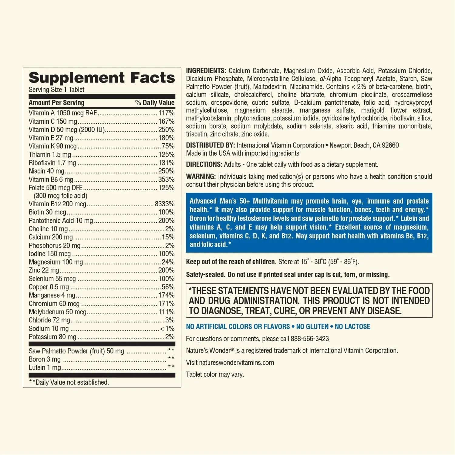 Nature's Wonder Advanced Men's 50+ Multivitamin/Multimineral Supplement with Vitamin D3 and B Vitamins 120 Tablets, 120 Day Supply Nature's Wonder uk supplements