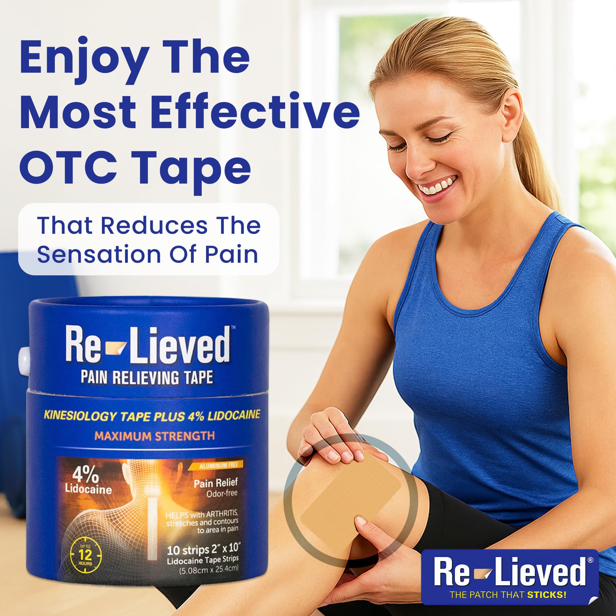 4% Lidocaine Maximum Strength Pain Relief Kinesiology Tape - Relieves Back, Joints and Muscle Pains - Superior Sticking, Aluminum-Free Water Resistant, and USA Made - 2" x 10" Strips Re-lieved uk supplements