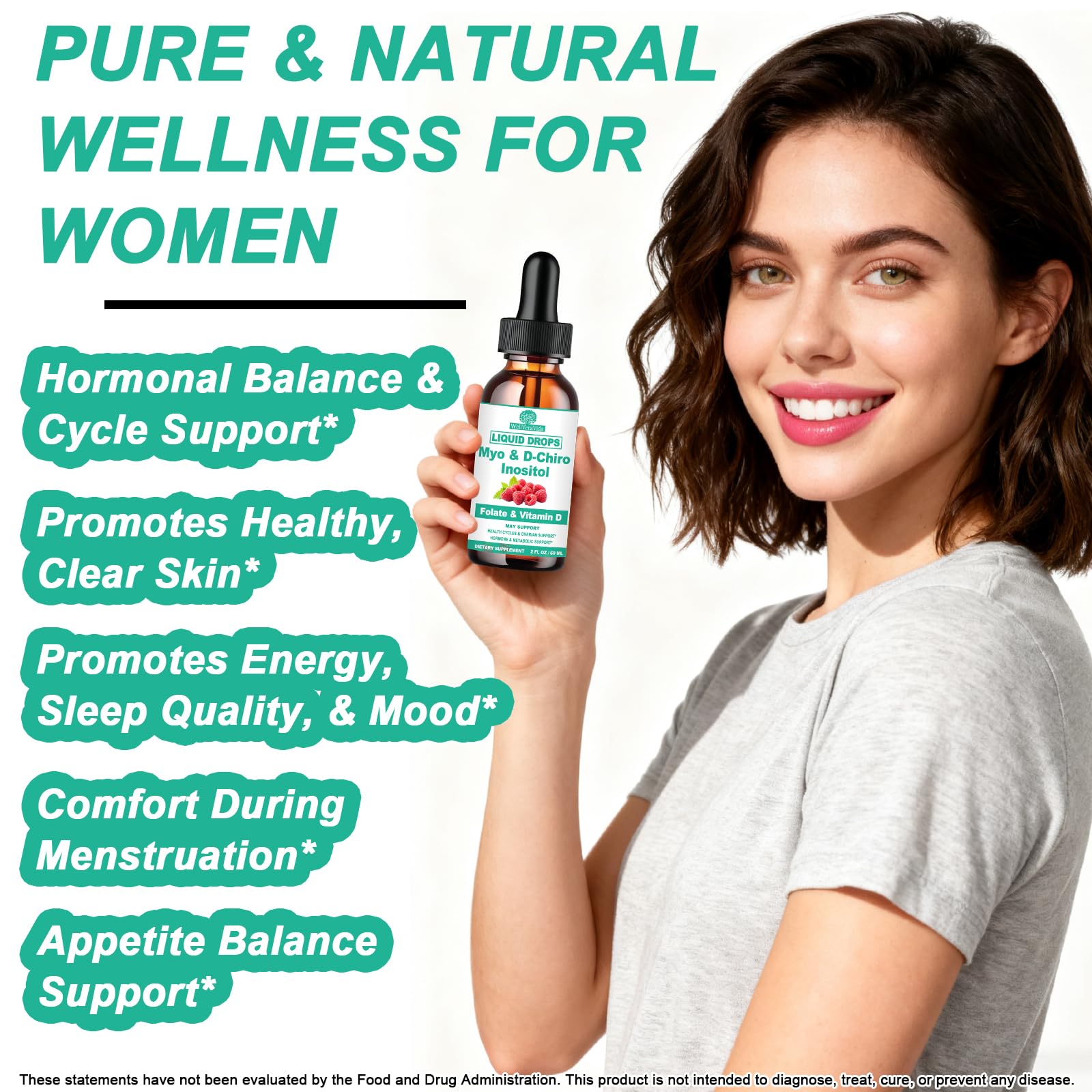 Myo Inositol & D-Chiro Inositol Supplement Liquid for Women- Ideal 40:1 Ratio Inositol Drops with MTHF Folate, Magnesium, Vitamin D, Supports Hormone Balance, Regular Cycles & Ovarian Health丨Vegan WellVeraVida uk supplements