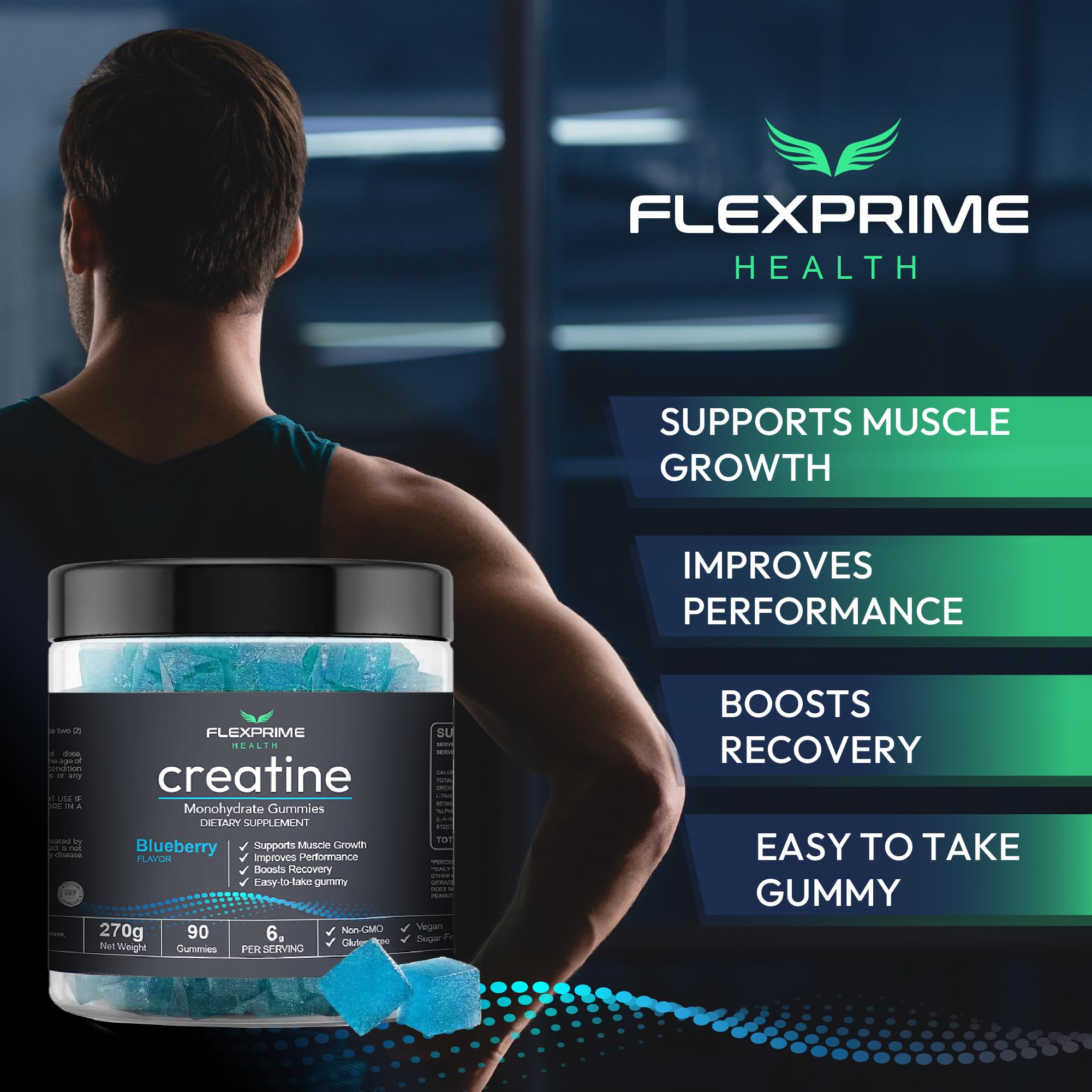 FlexPrime Creatine Gummies Sugar Free - 6g Creatine Monohydrate + L-Taurine, Alpha GPC, Betaine | Vegan Halal Blueberry Chews for Lean Muscle, Strength, Brain Health | Men Women 90 Count FlexPrime uk supplements