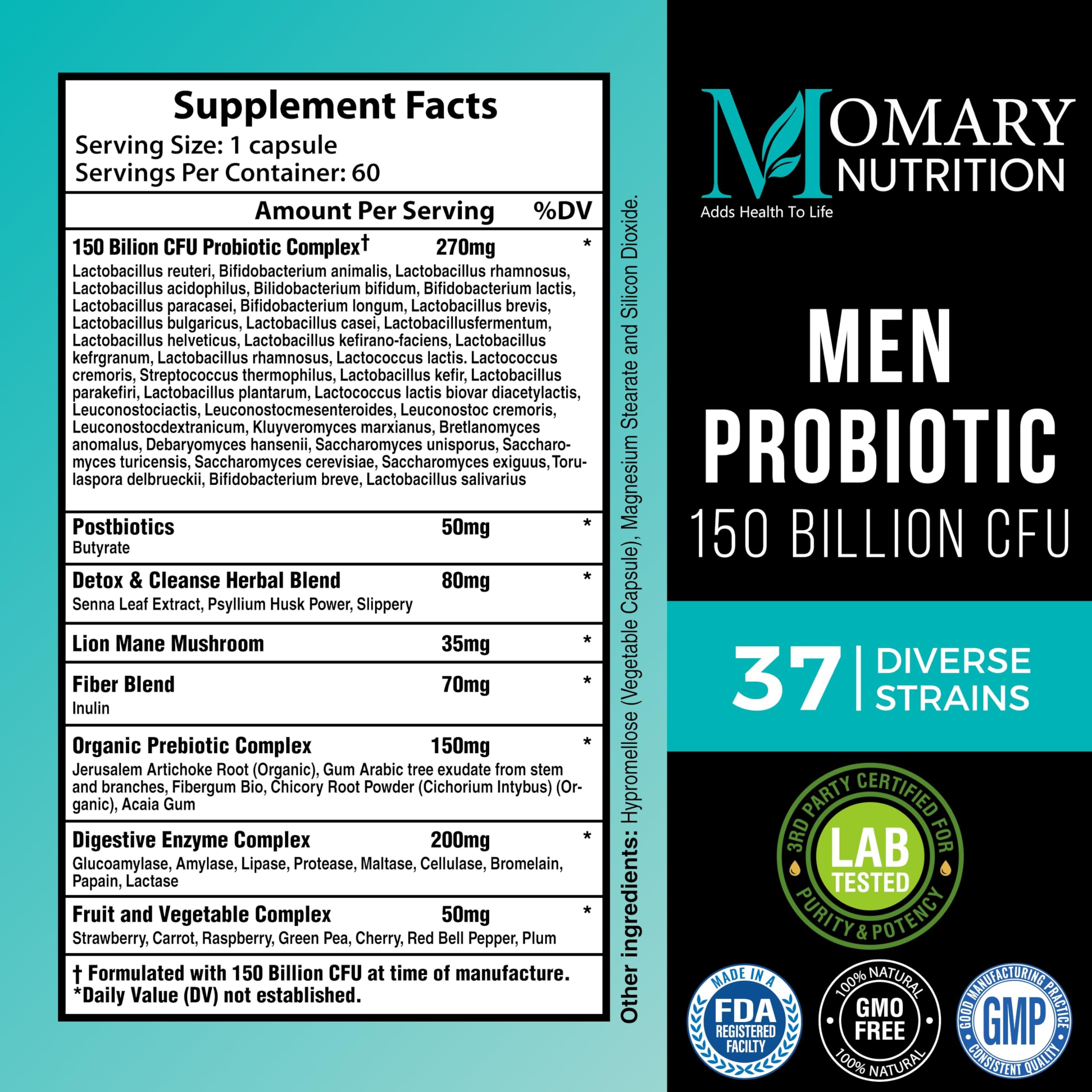 8-in-1 Bio Cultures Complex for Men – 150 Billion CFU Probiotics with 37 Diverse Strains, Organic Prebiotics, Postbiotics & Digestive Enzymes – Supports Digestive Balance & Gut Microbiome MOMARY NUTRITION uk supplements