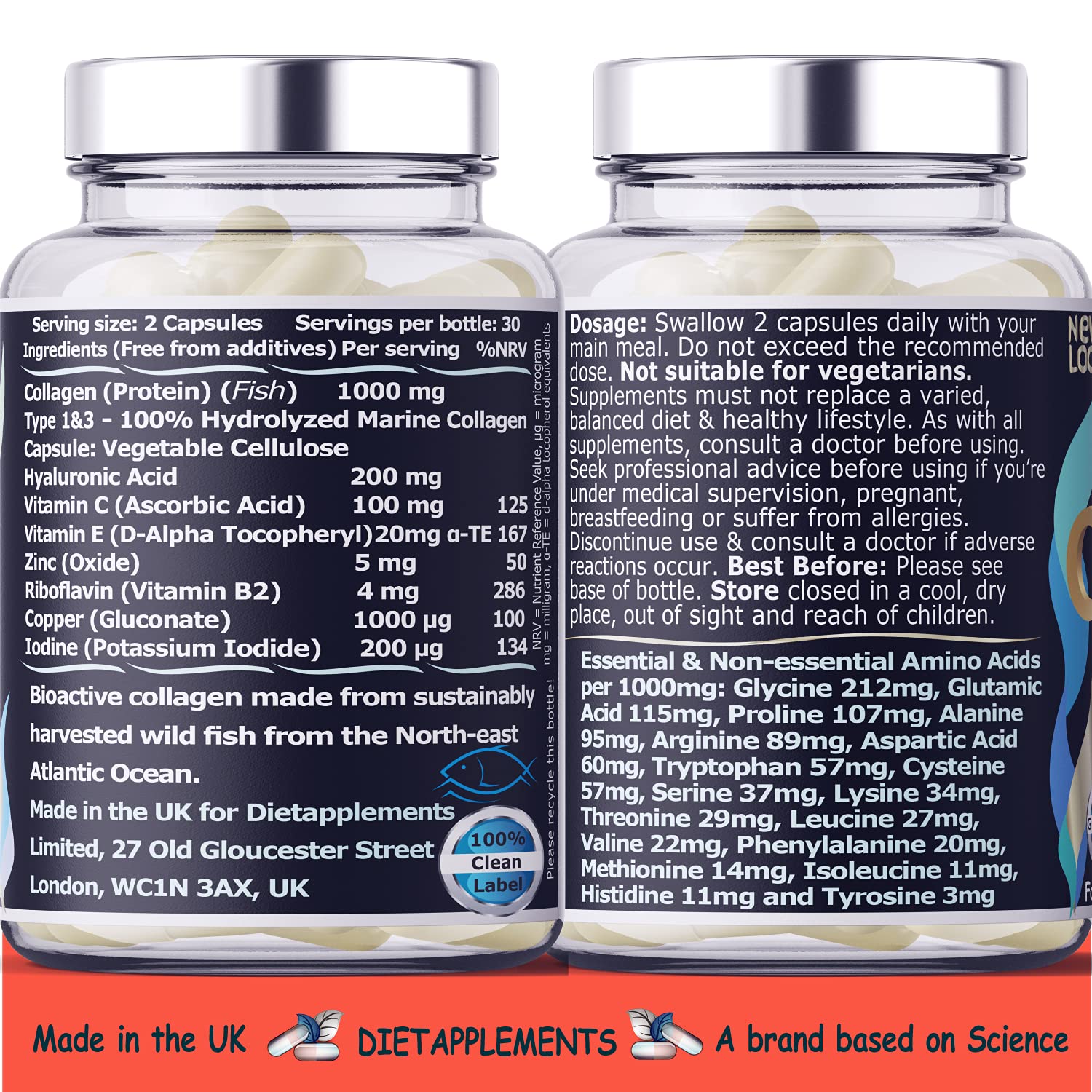 Marine Collagen Type 1&3 1000mg, Hyaluronic Acid 200mg/serving; Vitamin C, Zinc, Copper for Immune System Dietapplements uk supplements