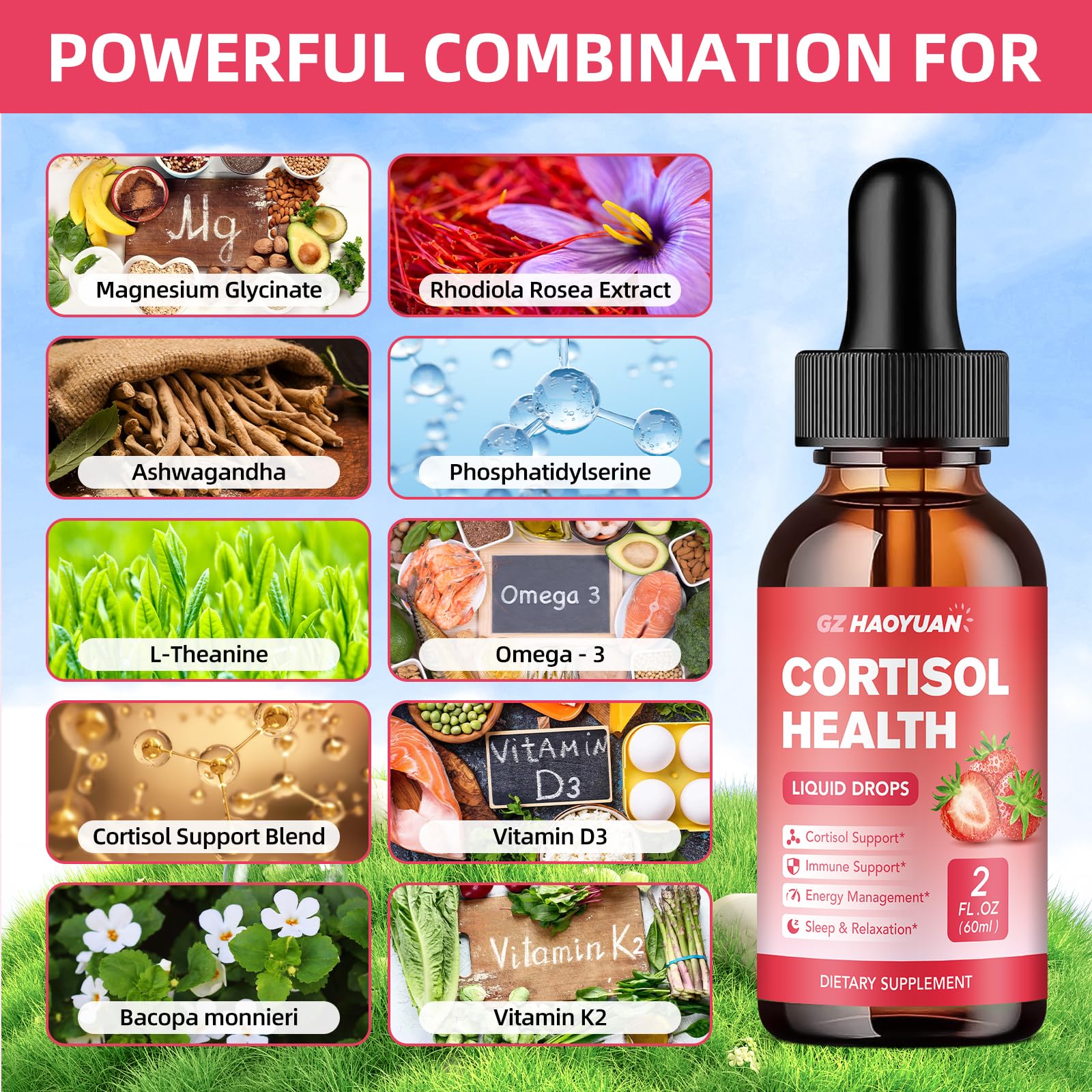 GZ HAOYUAN Cortisol Supplement Liquid Drops for Women and Men with Magnesium, Ashwagandha, L-theanine, Phosphatidylserine for Lower Cortisol, Calm, Mood, Sleep Support - 2 FL.OZ, Strawberry GZ HAOYUAN uk supplements