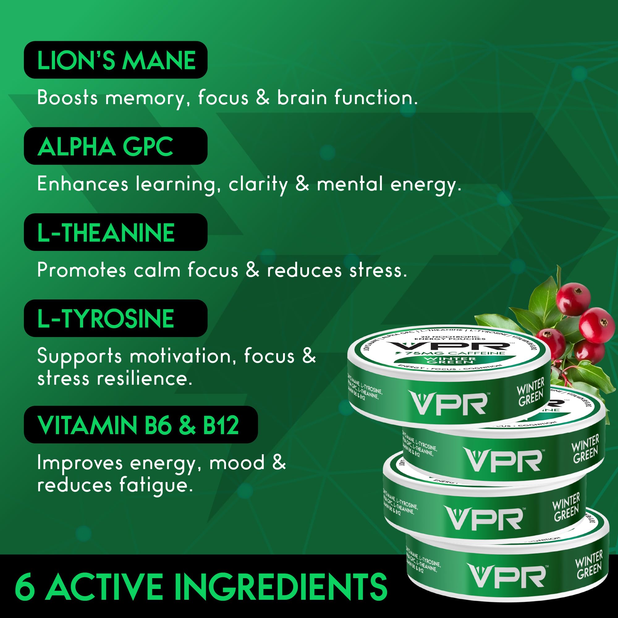 VPR 75MG Caffeine Nootropic Pouches | 20 Count Energy Pouches with Lion's Mane, Alpha-GPC, Vitamin B6 & B12, L-Theanine, and L-Tyrosine | Naturally Flavored Focus Pouches with No Sugar (Variety Pack) VPR Energy uk supplements