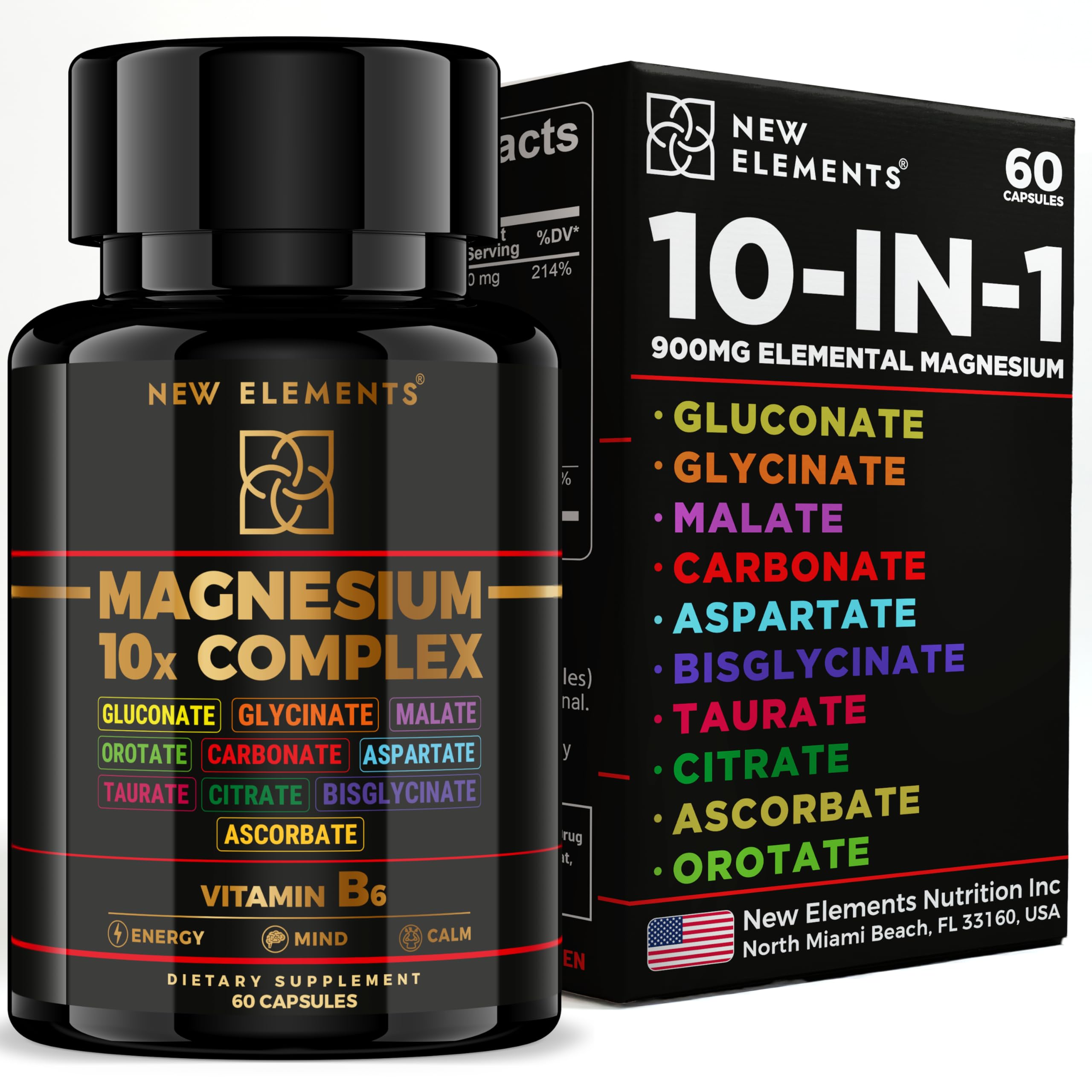 Magnesium 10X Complex – 900mg Elemental Magnesium | Glycinate, Gluconate, Malate, Orotate, Carbonate, Asparate, Taurate, Citrate, Bisglycinate, Ascorbate + Vitamin B6 for Superior Absorption New Elements uk supplements