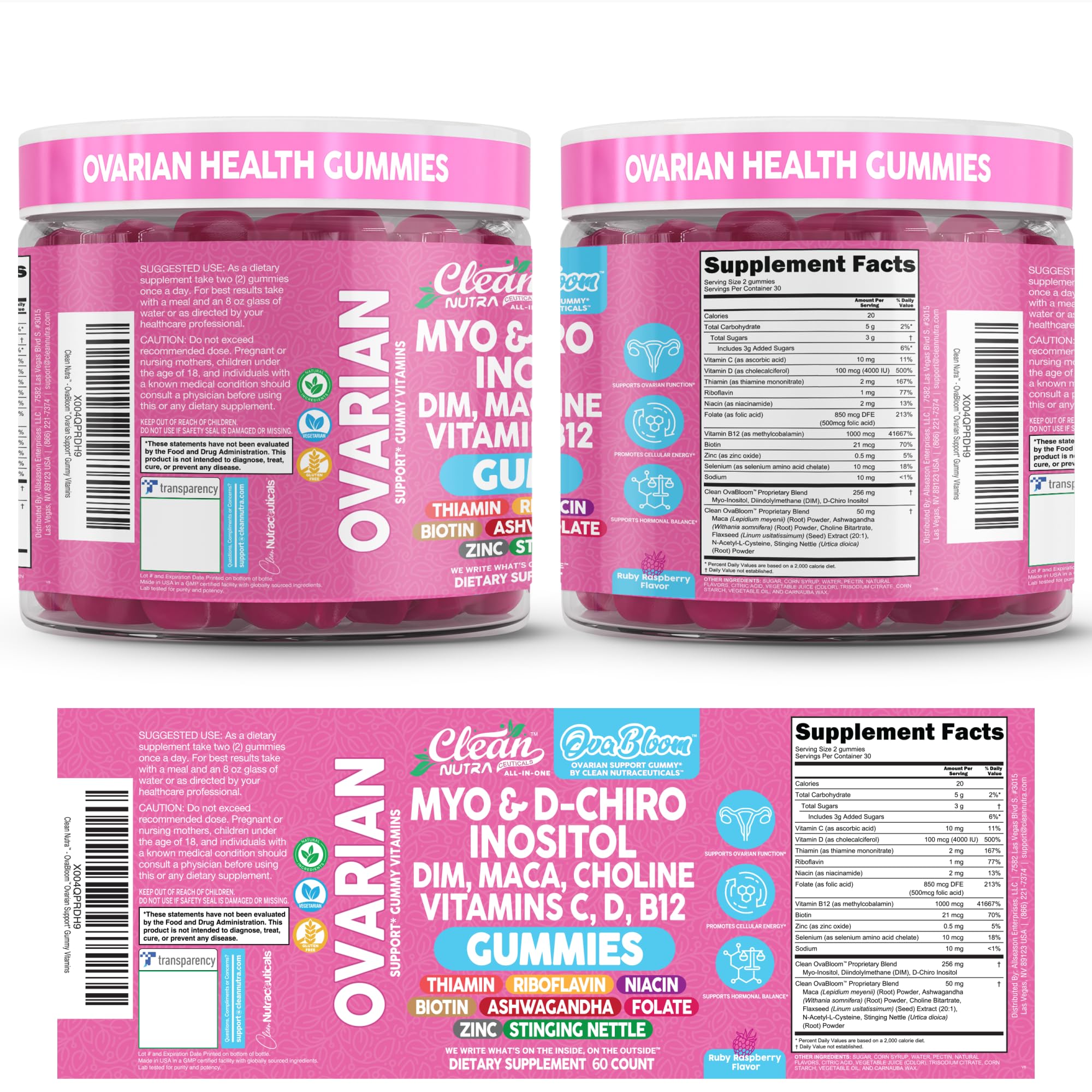 OVA Bloom Ovarian Support Gummies Myo Inositol D-Chiro Inositol Choline Flax Biotin Riboflavin Thiamin Niacin Ashwagandha DIM Maca Root Vitamin C D3 B12 Zinc 60 Count By Clean Nutra Clean Nutraceuticals uk supplements