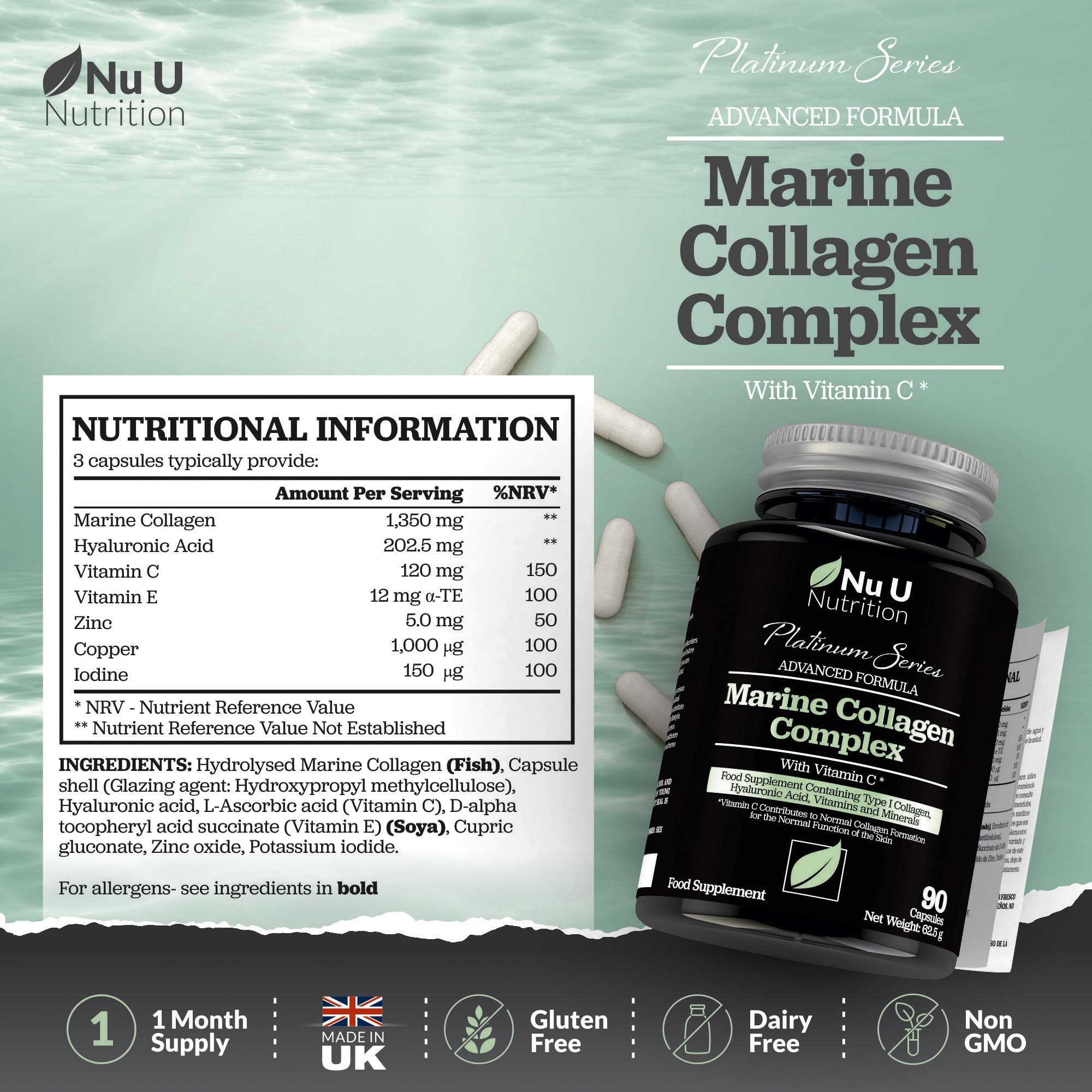Marine Collagen with Hyaluronic Acid, Vitamin C - 90 Hydrolysed Capsules (not Tablets) - Premium High Strength Collagen Nu U Nutrition uk supplements