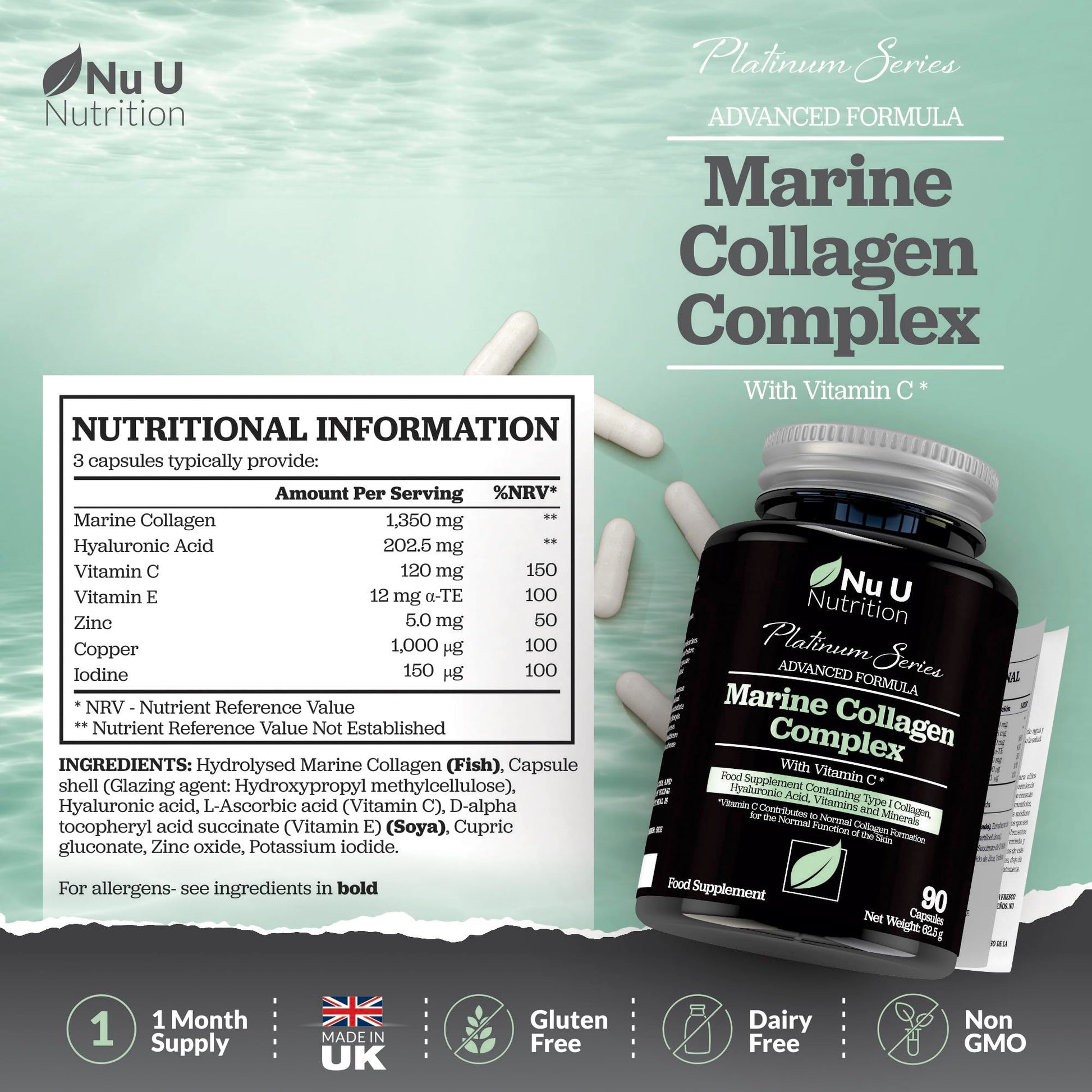 Marine Collagen with Hyaluronic Acid, Vitamin C - 90 Hydrolysed Capsules (not Tablets Nu U Nutrition uk supplements