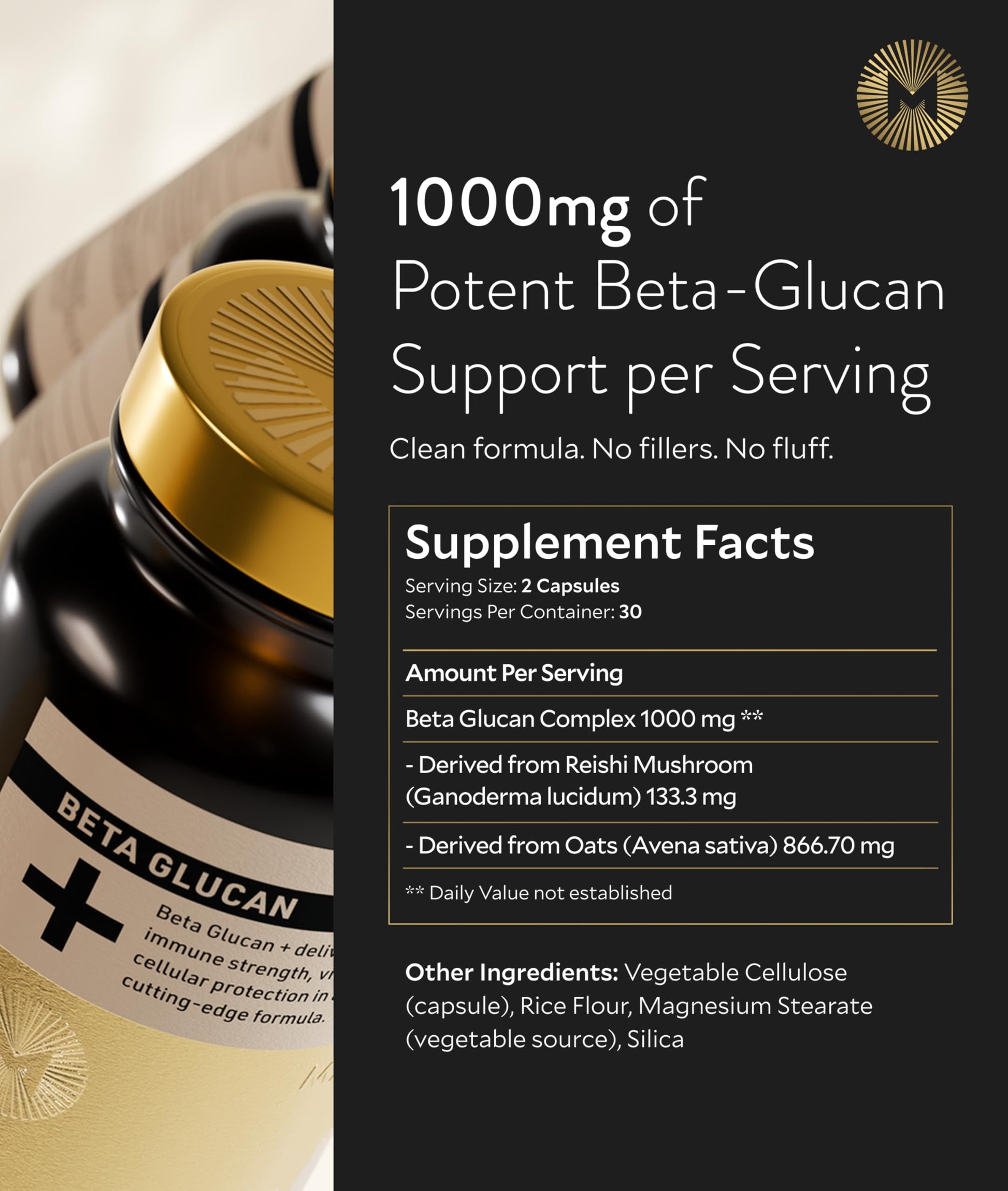 Manna Beta Glucan+ Capsules | 1000mg Beta Glucan Complex | Reishi Mushroom & Oats | Supplement for Immune Support, Heart Health, Cellular Renewal & Antioxidant Protection | 60 Count M Manna uk supplements