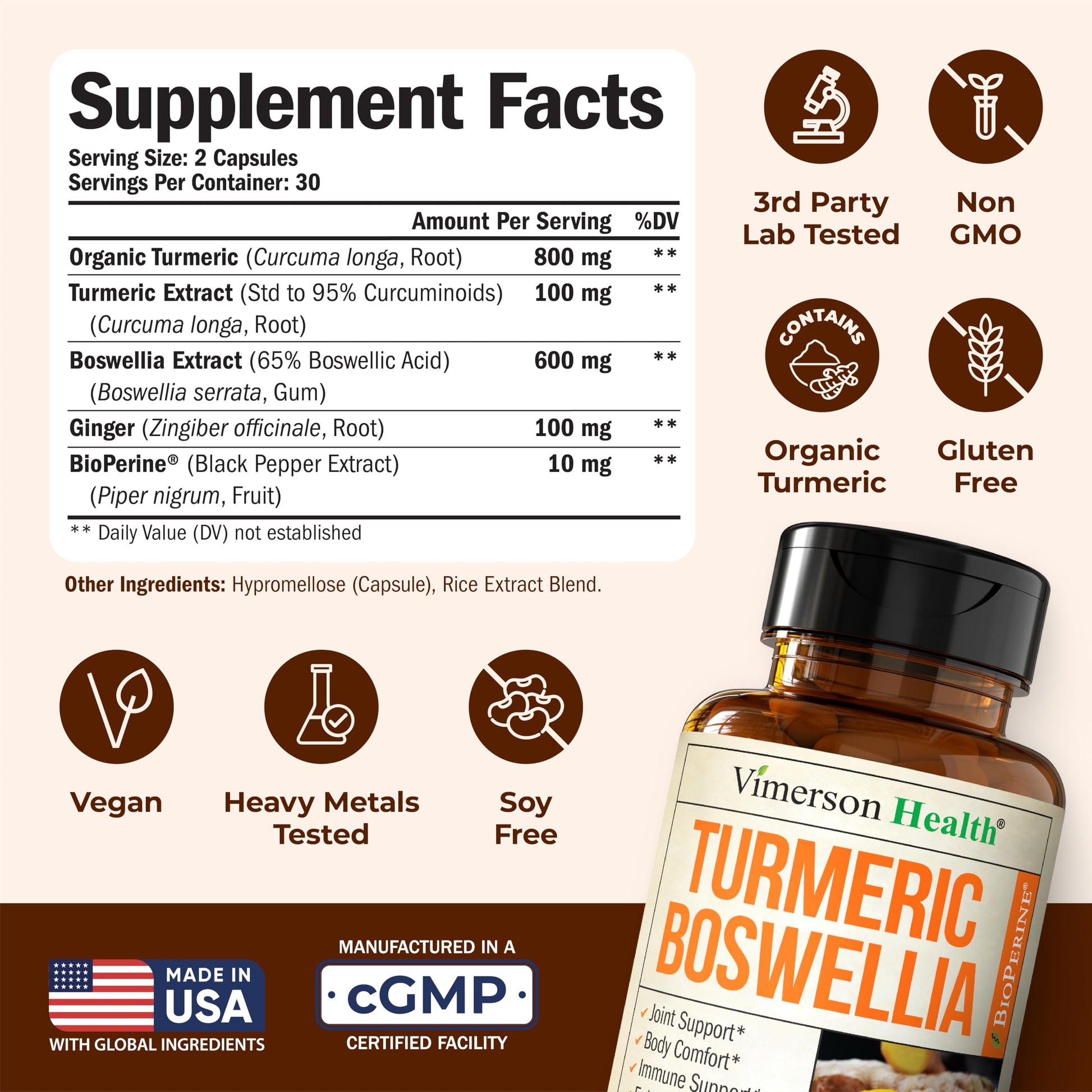 Turmeric Supplement w/Boswellia Serrata – Daily Support for Joint Health & Comfort – Organic Turmeric Curcumin Powder, Bioperine for Enhanced Absorption & Ginger Root – 60 Boswellia Extract Capsules Vimerson Health uk supplements
