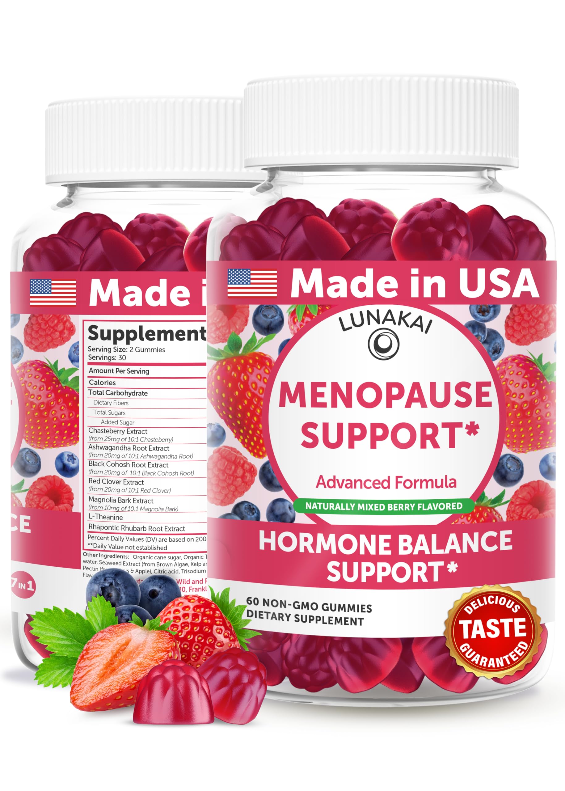 LUNAKAI USA Made Menopause Relief Gummies – Natural Menopause Supplements for Women with Black Cohosh & L-Theanine – Daily Support for Hot Flashes, Night Sweats & Hormonal Balance, 60ct Lunakai uk supplements