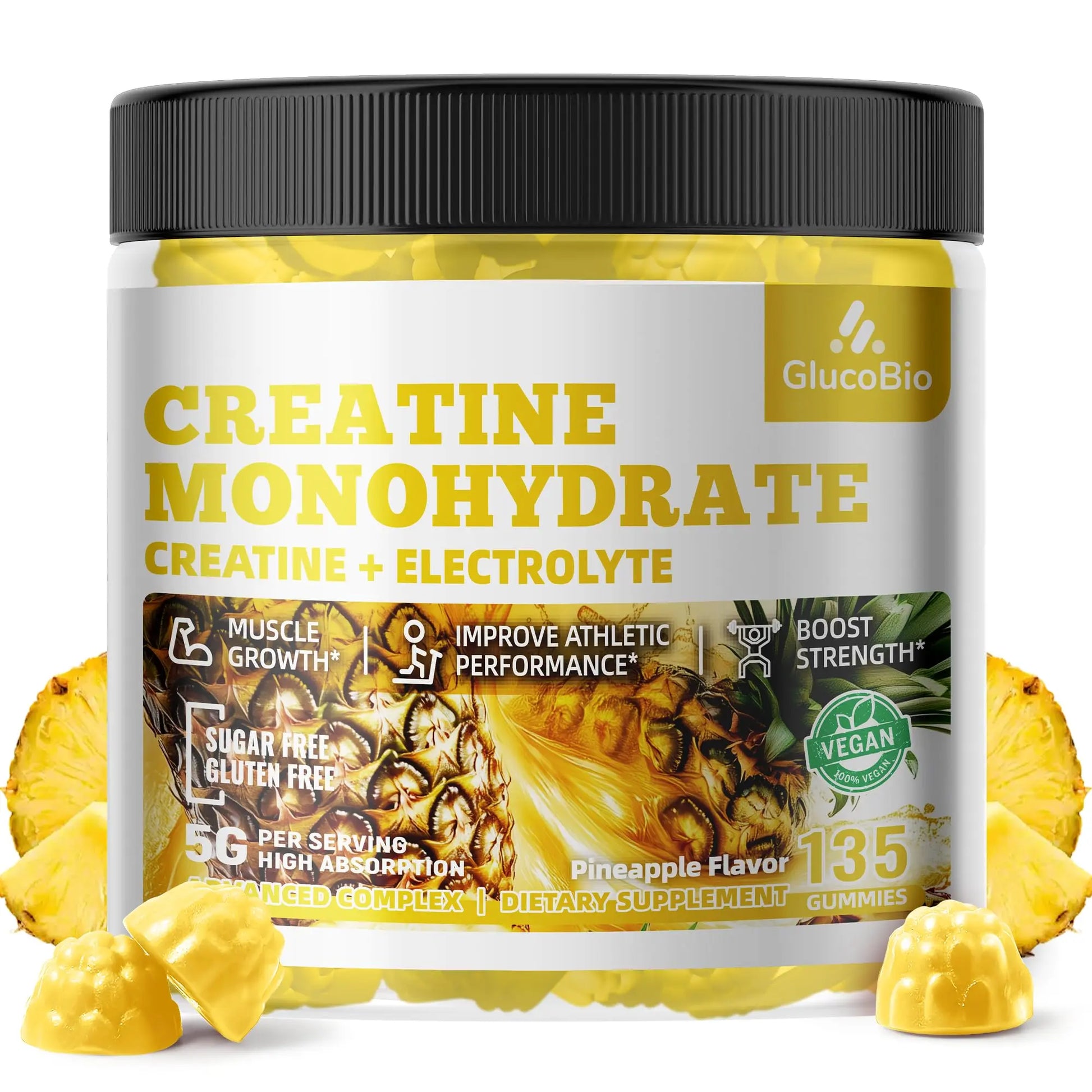 GlucoBio Creatine Monohydrate Gummies (5g) – Pre-Workout Energy & Muscle Growth Support for Men & Women | Pineapple Electrolyte Gummies (135 Count) GlucoBio uk supplements