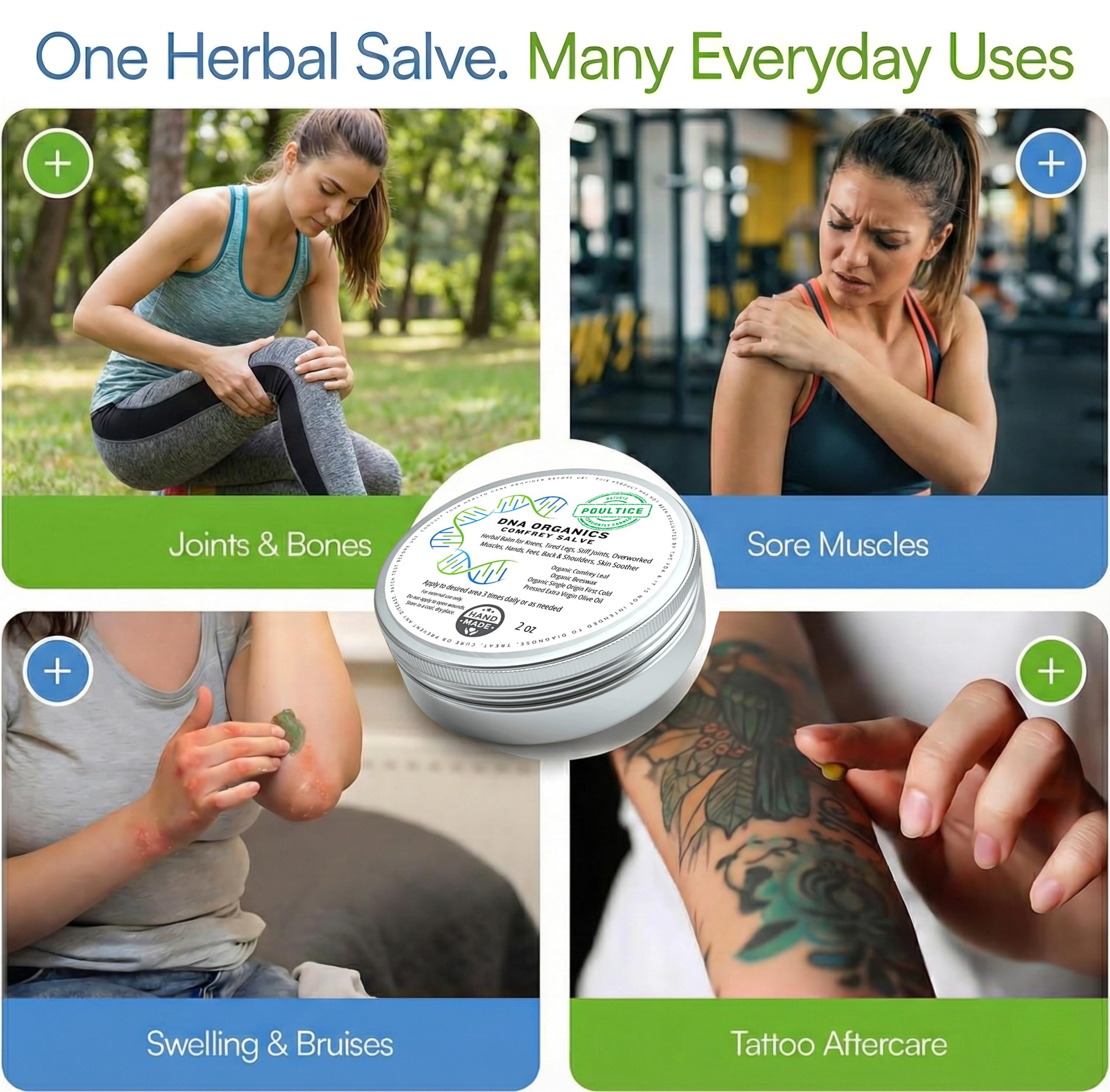 DNA Organics Comfrey Salve Ointment 2oz – Organic Herbal Salve for Bones, Muscles, Joints, Knees, Skin & Tattoo Care. Herbal Balm for Soothing Relief. Handcrafted, Slow-Infused, No Chemical Fillers Wild Castle uk supplements