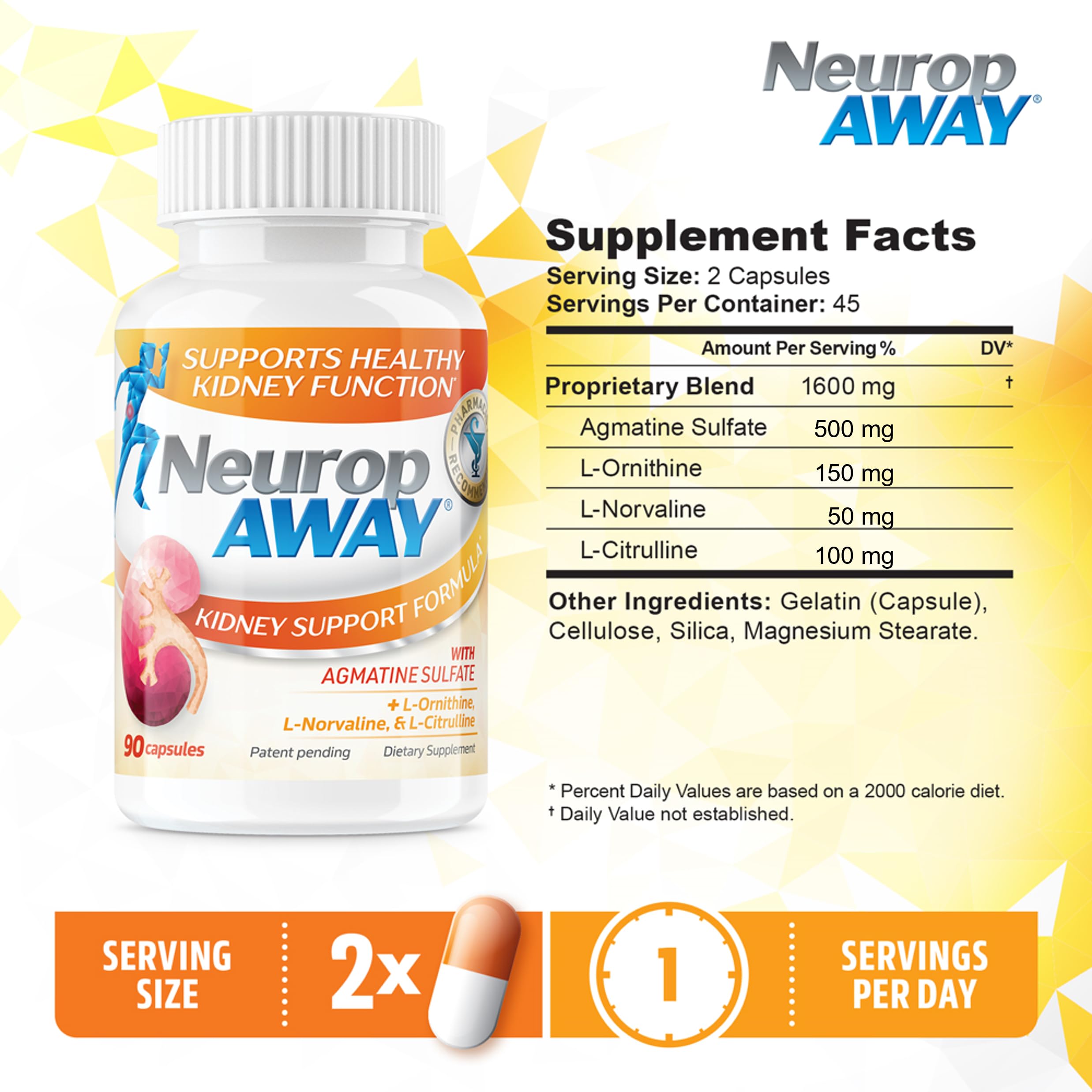 NeuropAWAY Kidney Support Formula Sugar Free with Agmatine Sulfate 500mg L-Novaline 50mg L-Ornithine 150mg L-Citrulline 100mg Per Capsule 90CT Fast Acting Kidney Support NeuropAWAY uk supplements