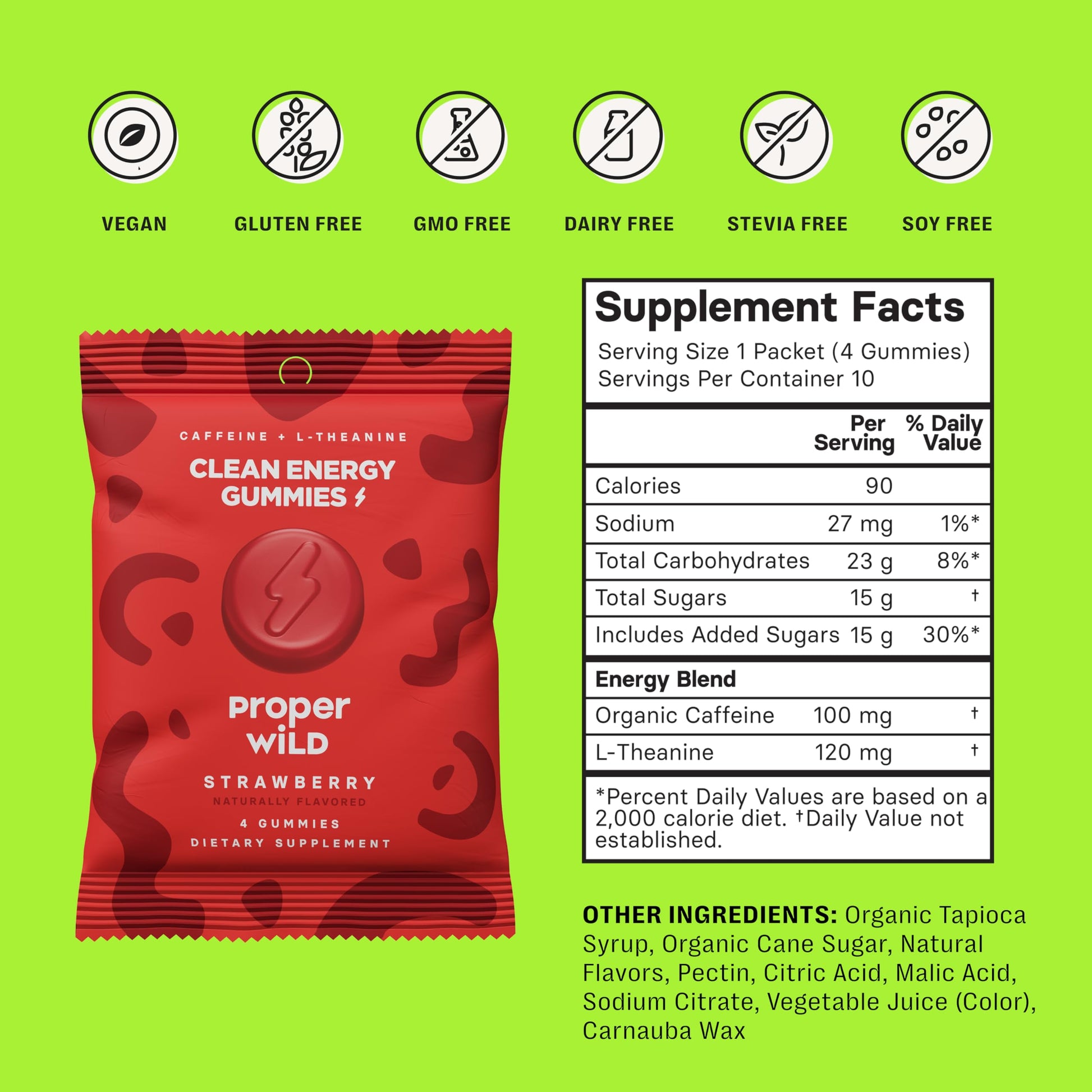 Proper Wild Energy Chews & Gummies for Focus & Clean Energy, Vegan with L-Theanine & Organic Caffeine, Plant-Based, Gluten-Free, Non-GMO, Strawberry (10-Pack) Proper Wild uk supplements