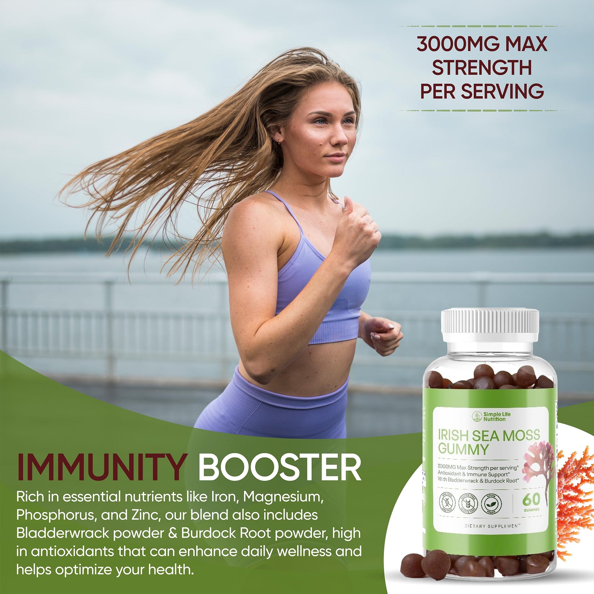 Simple Life Nutrition Organic Irish Sea Moss Gummies - Burdock Root and Bladderwrack Natural Blend - Immune System Gut Cleanse & Thyroid Supplement - Skin and Nail Health - 60CT Simple Life Nutrition uk supplements
