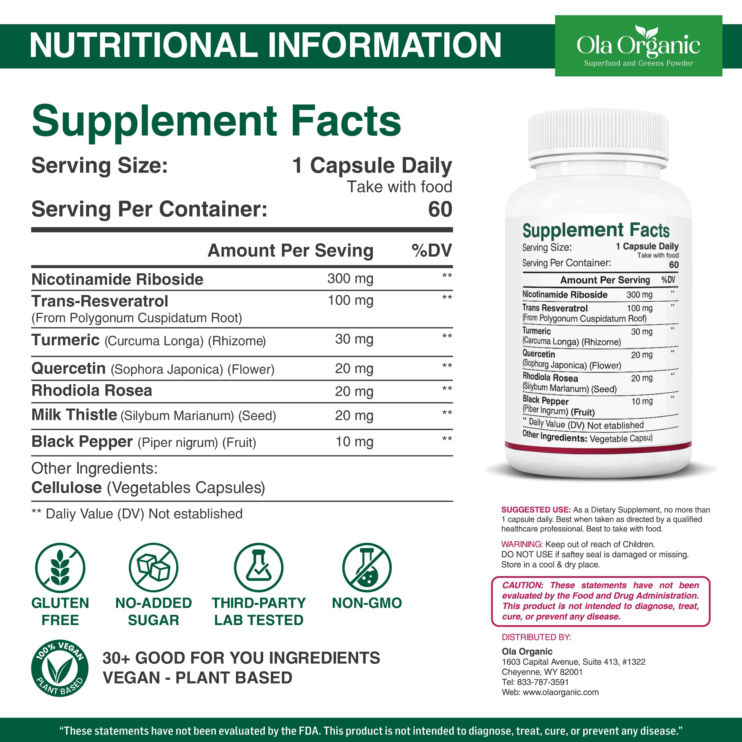 NAD+ Supplement & NAD Booster for Cellular Energy and Healthy Aging – Plant-Based Nicotinamide Riboside (NR) NAD Precursor with Resveratrol, Turmeric, Quercetin, Rhodiola & Milk Thistle – 60 Capsules Ola Organic uk supplements