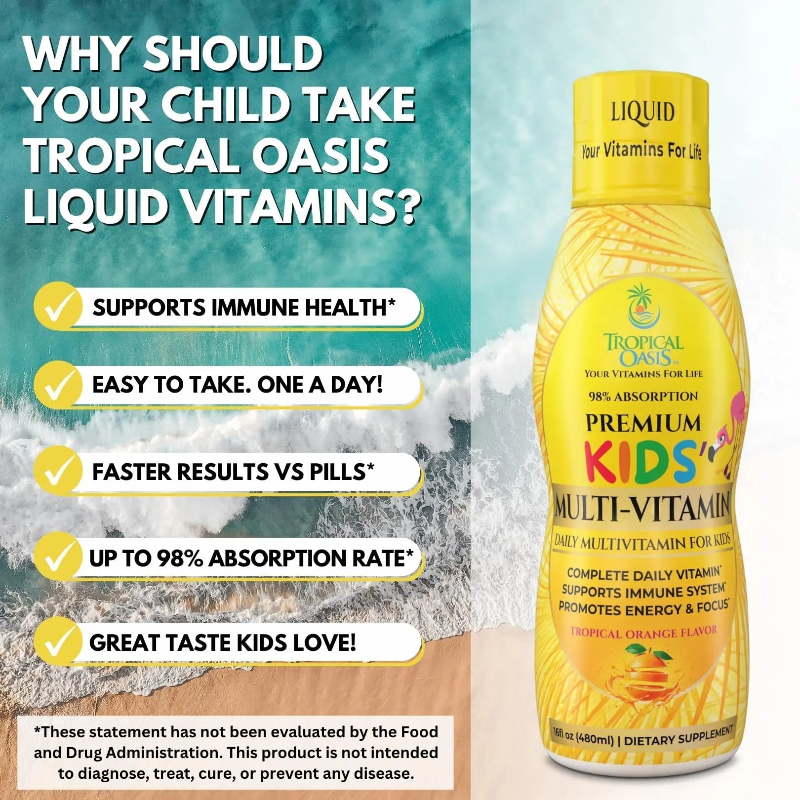 Premium Liquid Multivitamin For Kids | Sugar Free Kids Vitamins | 100% DV of 14 Vitamins for Kids | Multivitamin for Children Ages 4+ | Tropical Oasis uk supplements