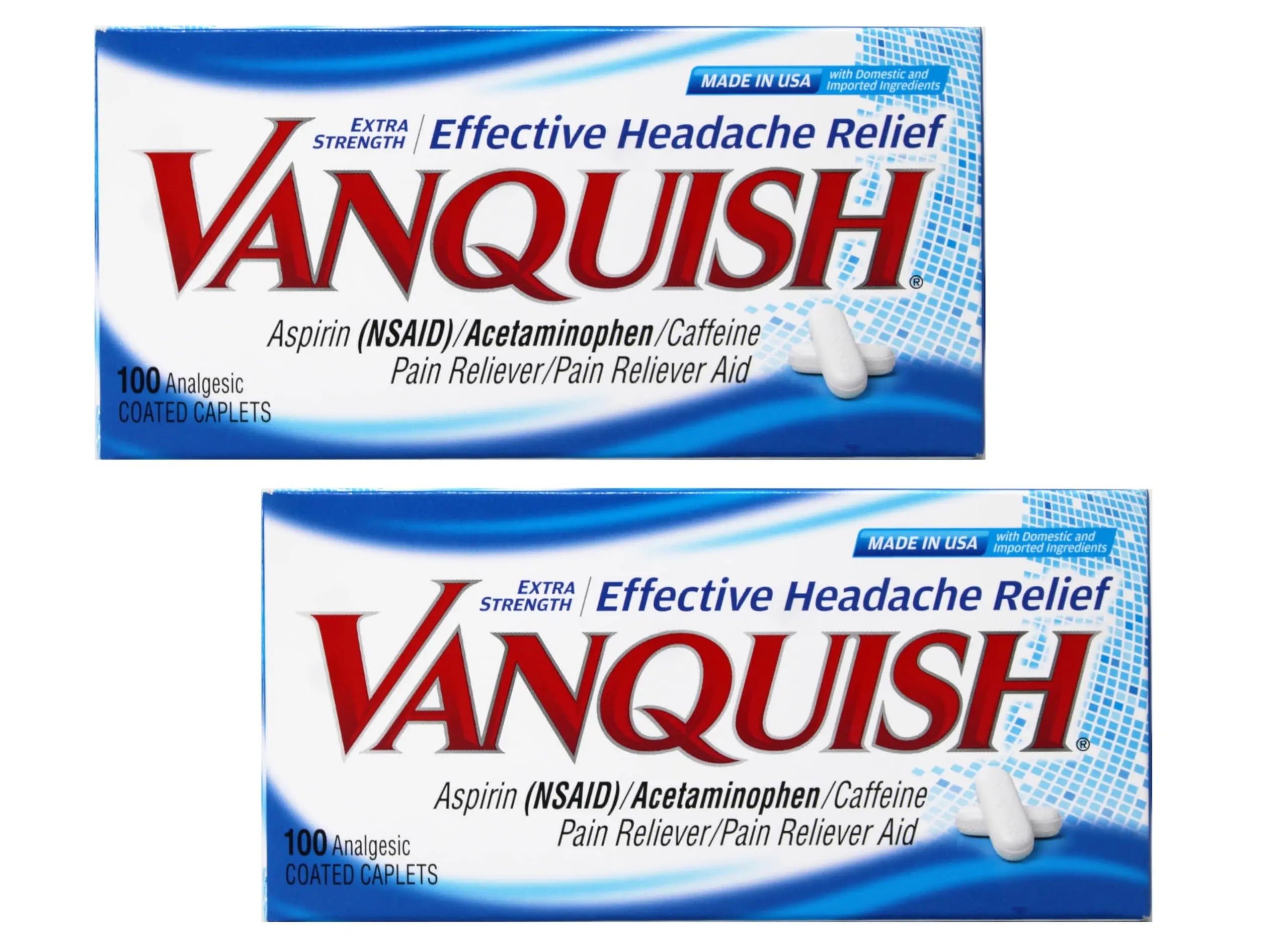 Vanquish Extra Strength Pain Reliever Headache Relief Aspirin Acetaminophen Caffeine 100 Coated Caplets (Pack of 2) Vanquish uk supplements