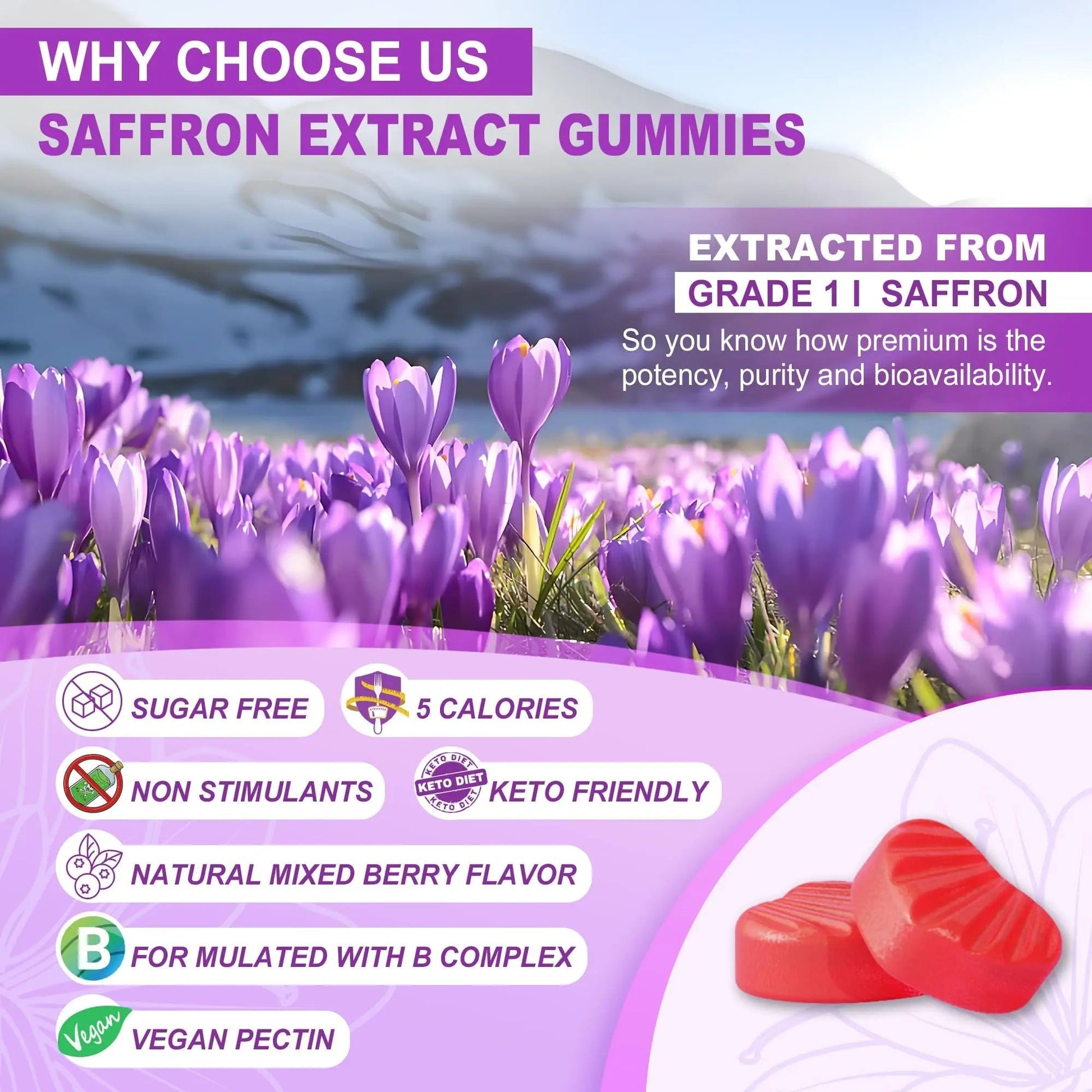 Saffron Supplements Gummies 100mg - 100% Pure Saffron Extract with Magnesium Glycinate, L-Theanine, Turmeric, Ashwagandha NEVISS uk supplements